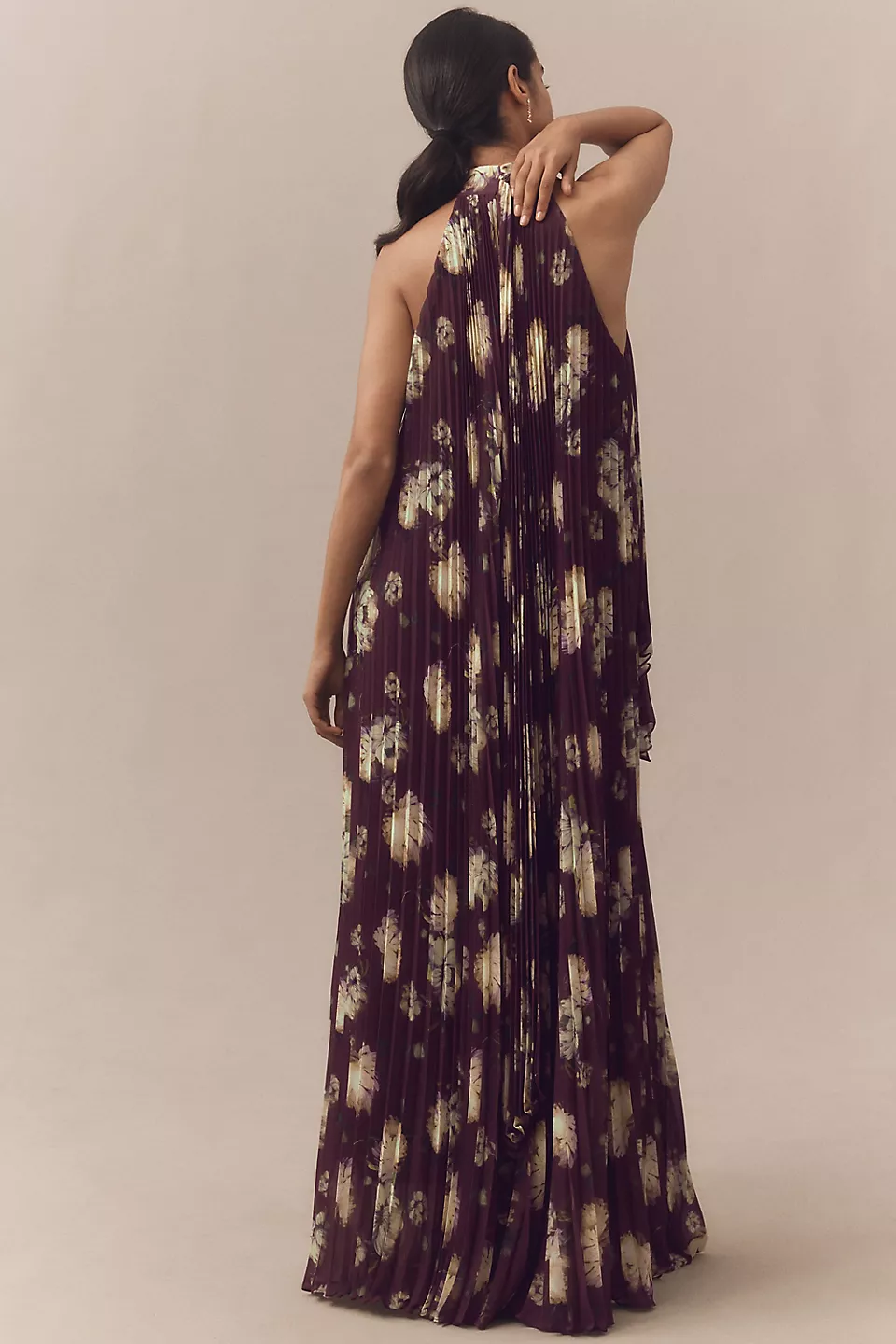 BHLDN Rosie Mock-Neck Pleated Chiffon Maxi Dress -  Burgundy