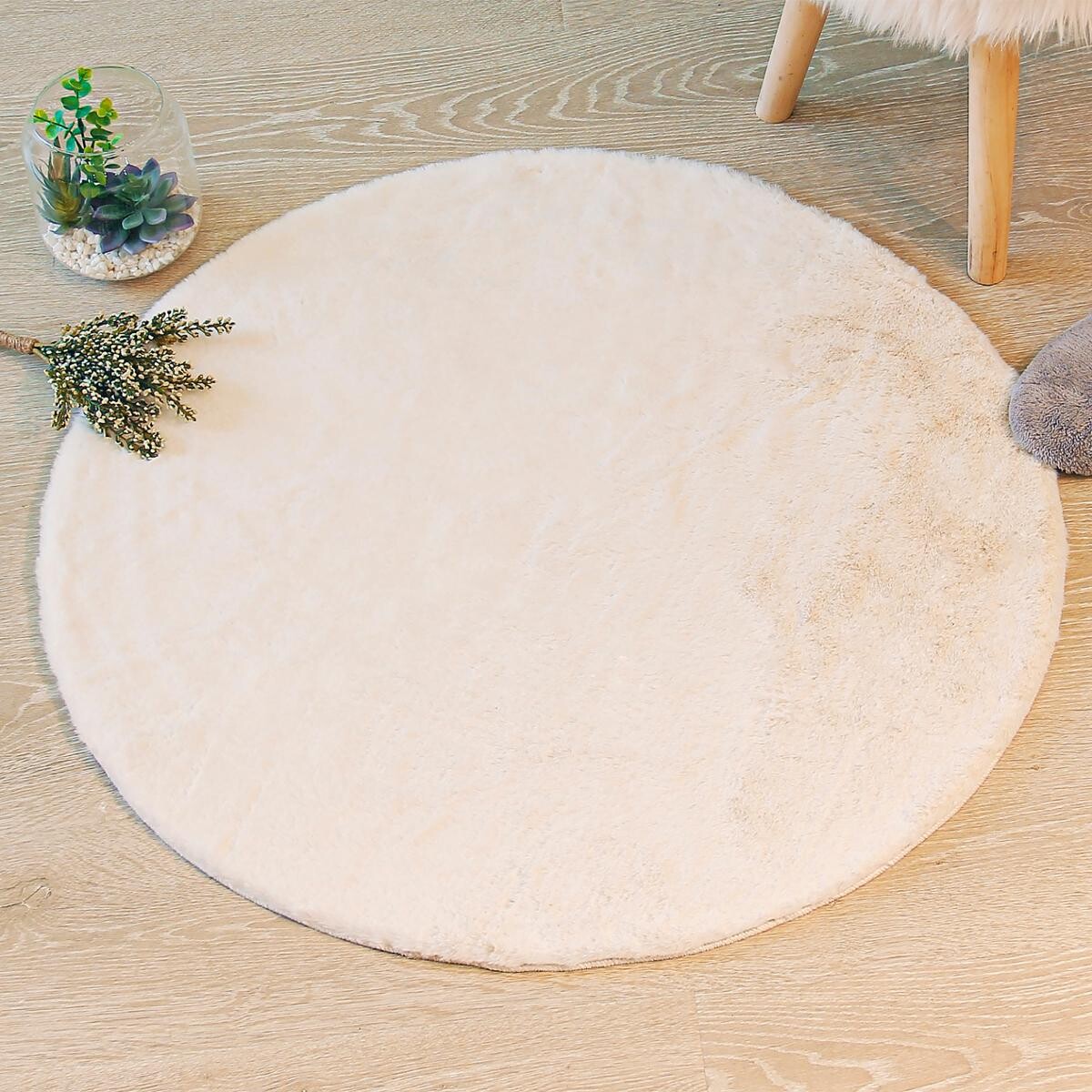 Fur effect round rug Ivory white, D.80 cm