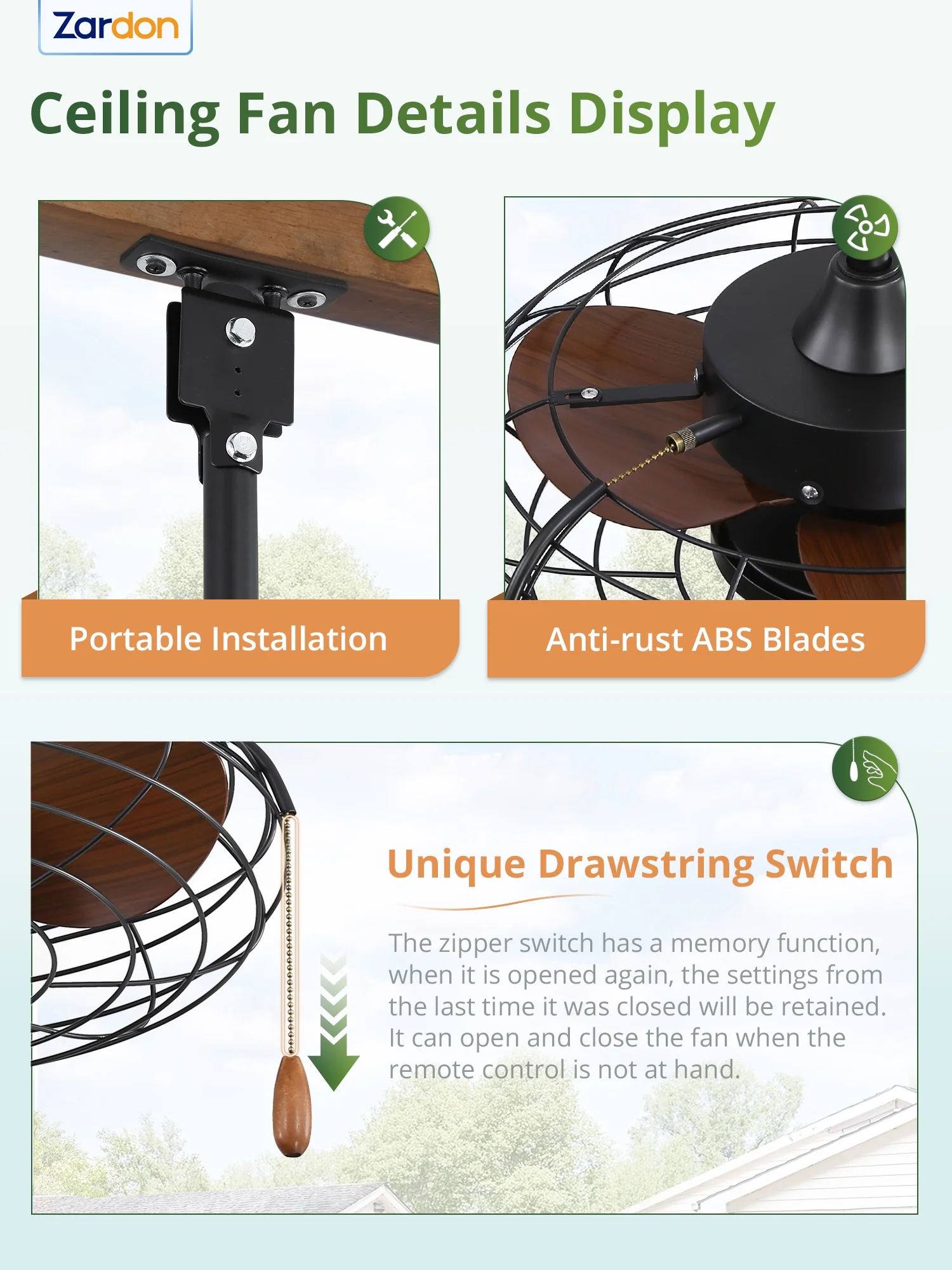 Zardon 20" Outdoor Ceiling Fan with Light and Remote, 7 Blades Caged Waterproof Gazebo Fan for Patio, Porch, Pergola Canopy, App Control - Image 25