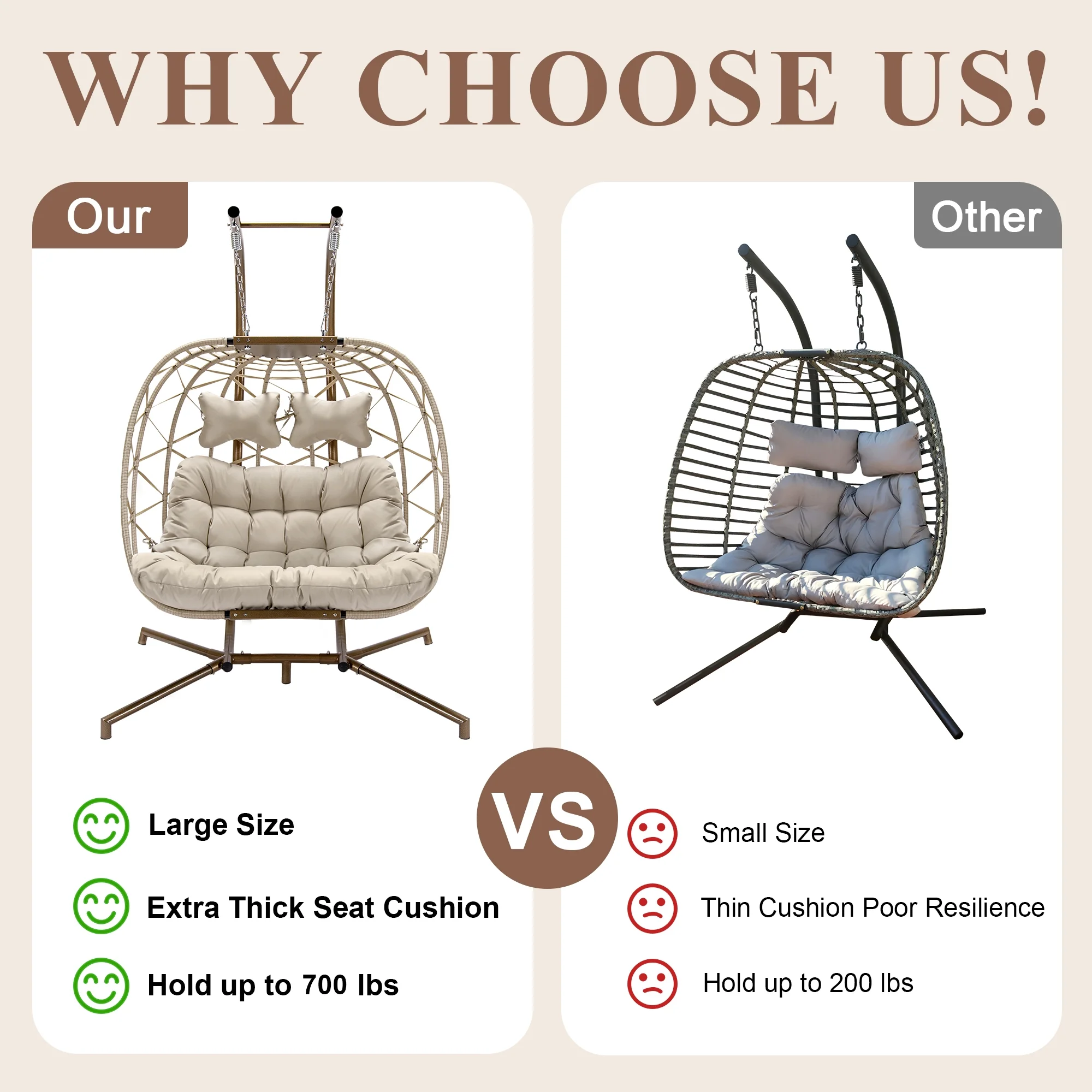 RADIATA Double Wicker Egg Swing Chair with Stand, 2-Person Hanging Egg Chair for Indoor/Outdoor, 700lbs Capacity, Thick Cushions & Headrest,Sturdy Metal Frame��Dark Gray - Image 31