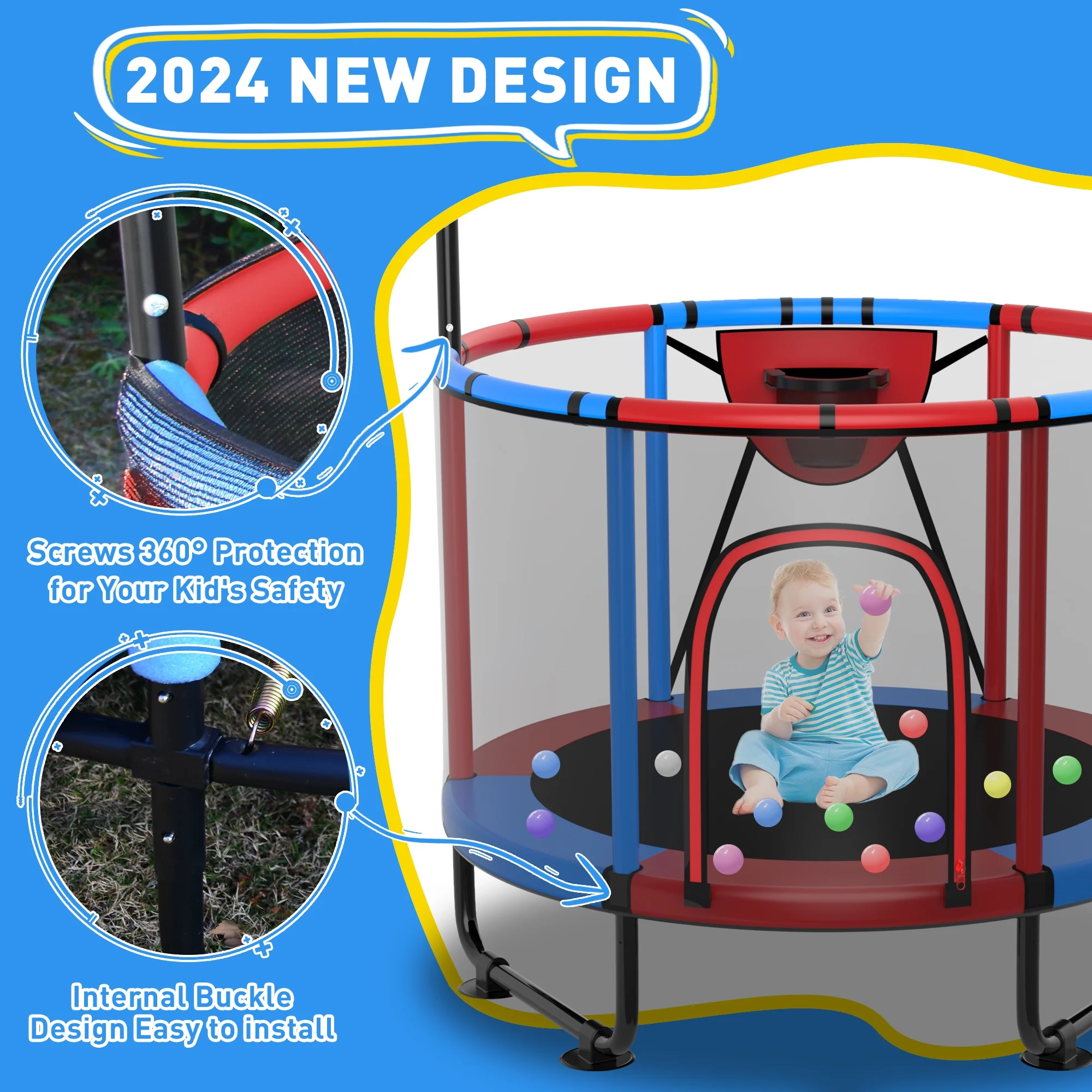 CITYLE Trampoline for Kids 600LBS 60'' 5FT Toddler Trampoline Indoor Outdoor with Basketball Hoop, Swing, Adjustable Bar, Mini Small Trampoline with Enclosure, Gifts for Toddlers, Boys & Girls - Image 27