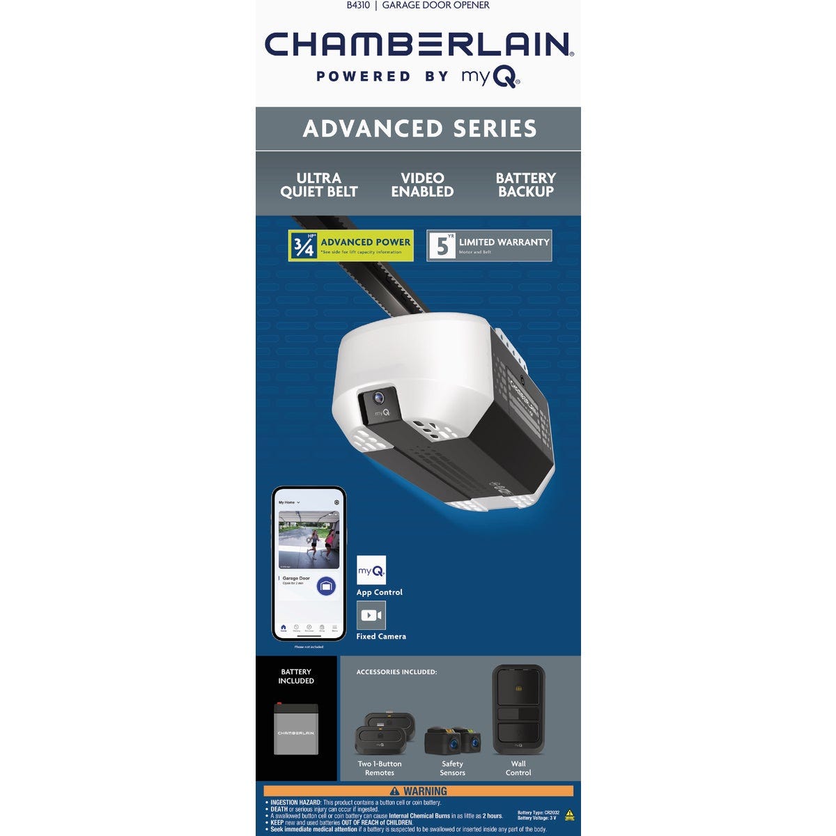 Chamberlain 3/4 HP Belt Drive Smart Garage Door Opener with Fixed Camera, Battery Backup, 2-Bulb Lighting, and myQ Connectivity