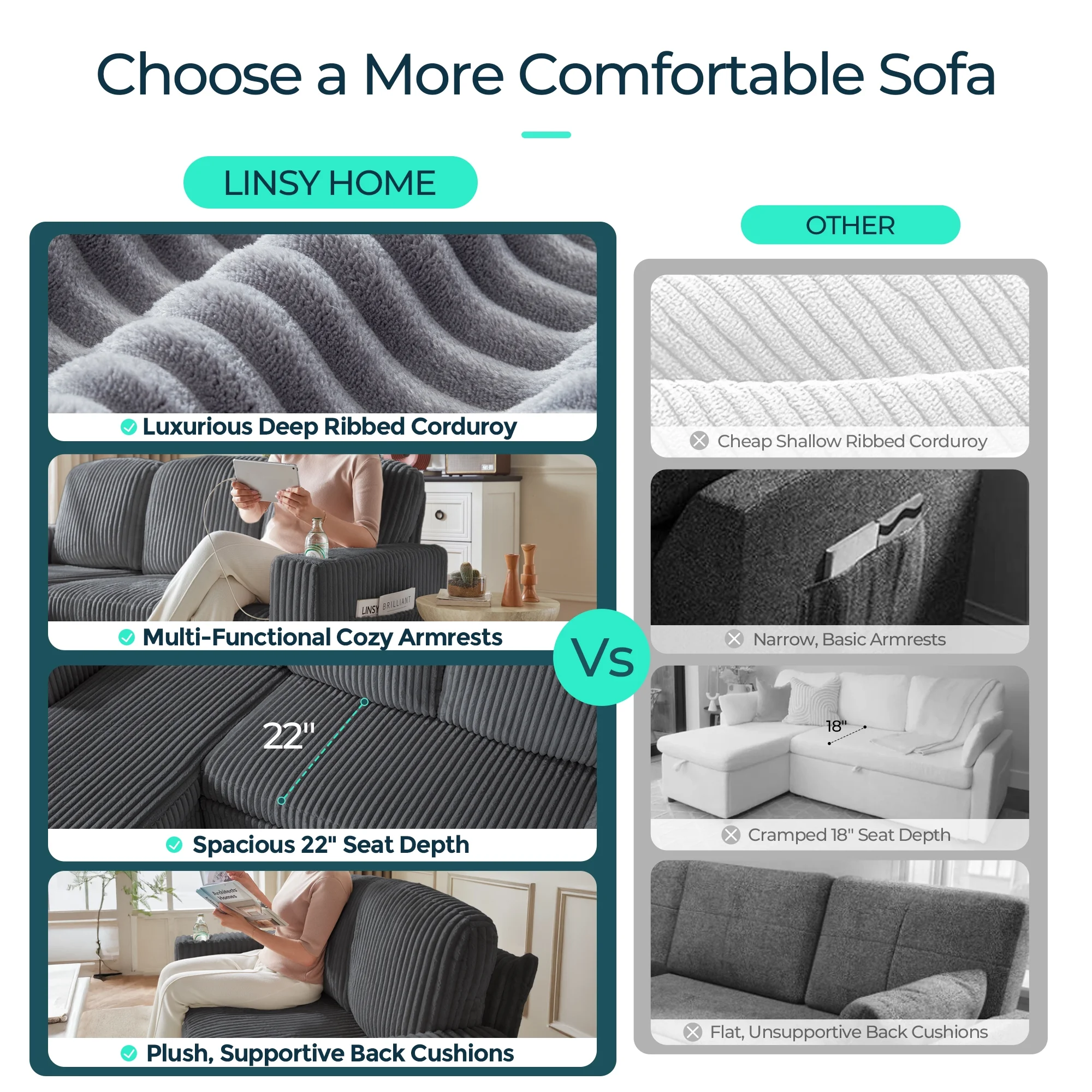Linsy Home Plush Corduroy Pull Out Couch Chaise Lounge, Convertible Loveseat Sofa Couch With Usb & Cup Holder, Green - Image 18