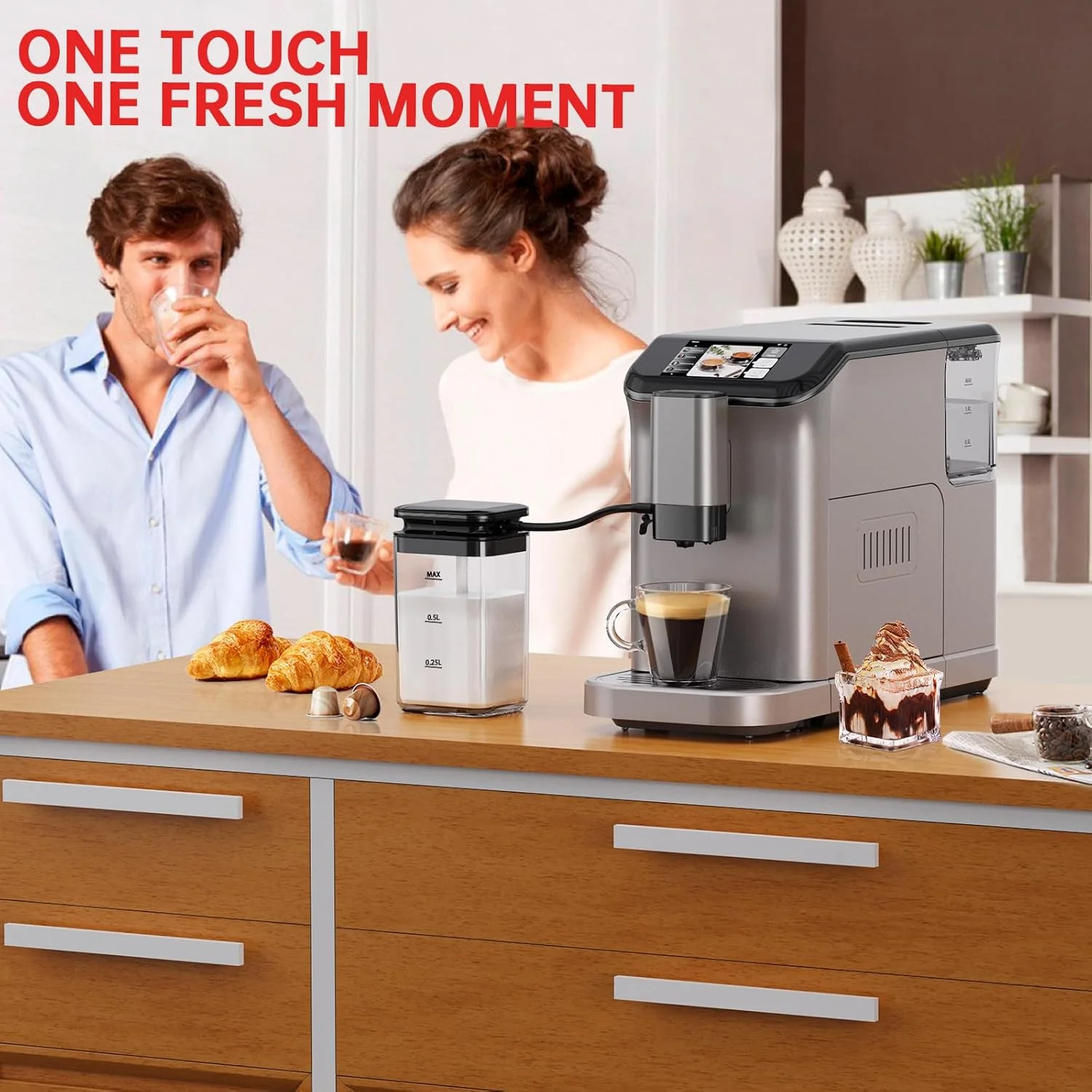 Full Automatic Espresso Machine with Built-In Grinder & Milk Frother - FTF Touchscreen Coffee Maker for Latte/Cappuccino, 20 Bar Pressur & 1.5L Water Tank, 1350W, Grey