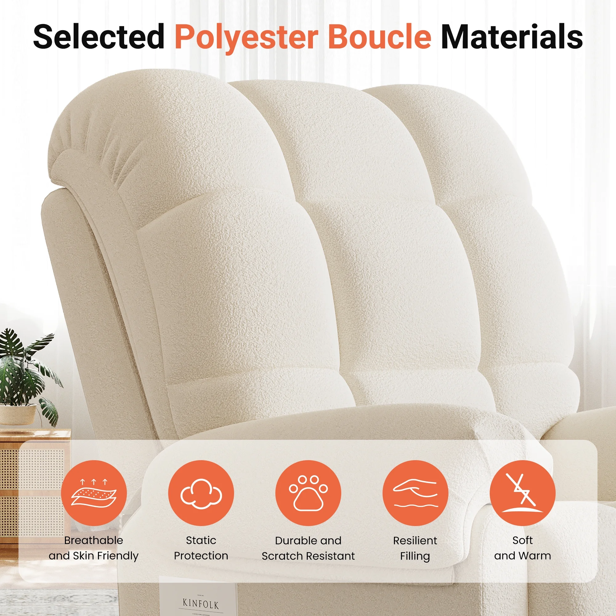 Power Recliner Chair,Electric Recline Sofa Chair for Adults with USB Port,Comfy Teddy Fleece Adjustable Cloud Sofa,Tool-Free Setup,Beige White - Image 10