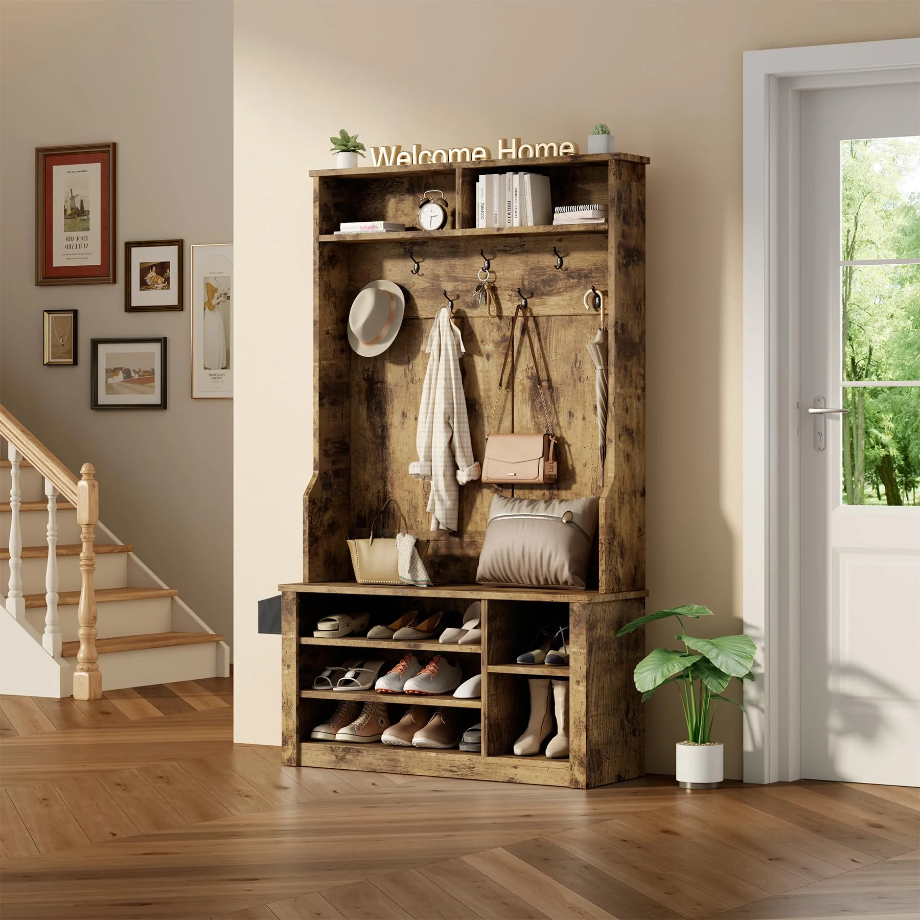 Lofka 5-in-1 Hall Tree with Bench and Shoe Storage, Entryway Hall Tree with Coat Rack, Adjustable Shoe Storage, 2-tier top storage,White - Image 17
