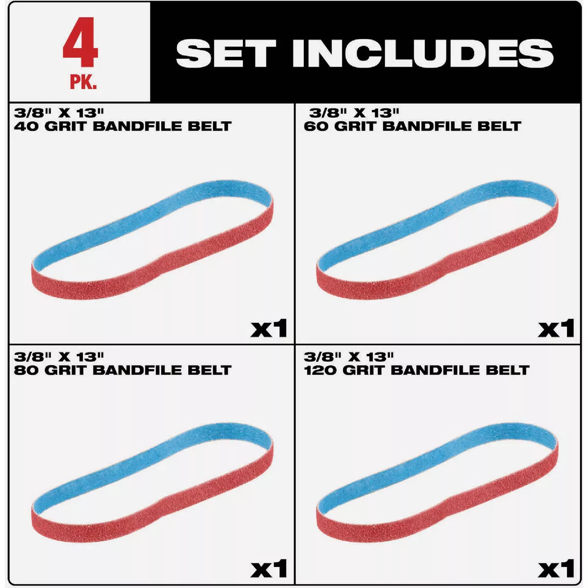 Milwaukee 3/8 In. x 13 In. 40/60/80/120 Grit Bandfile Belt Variety Pack (4-Pack)