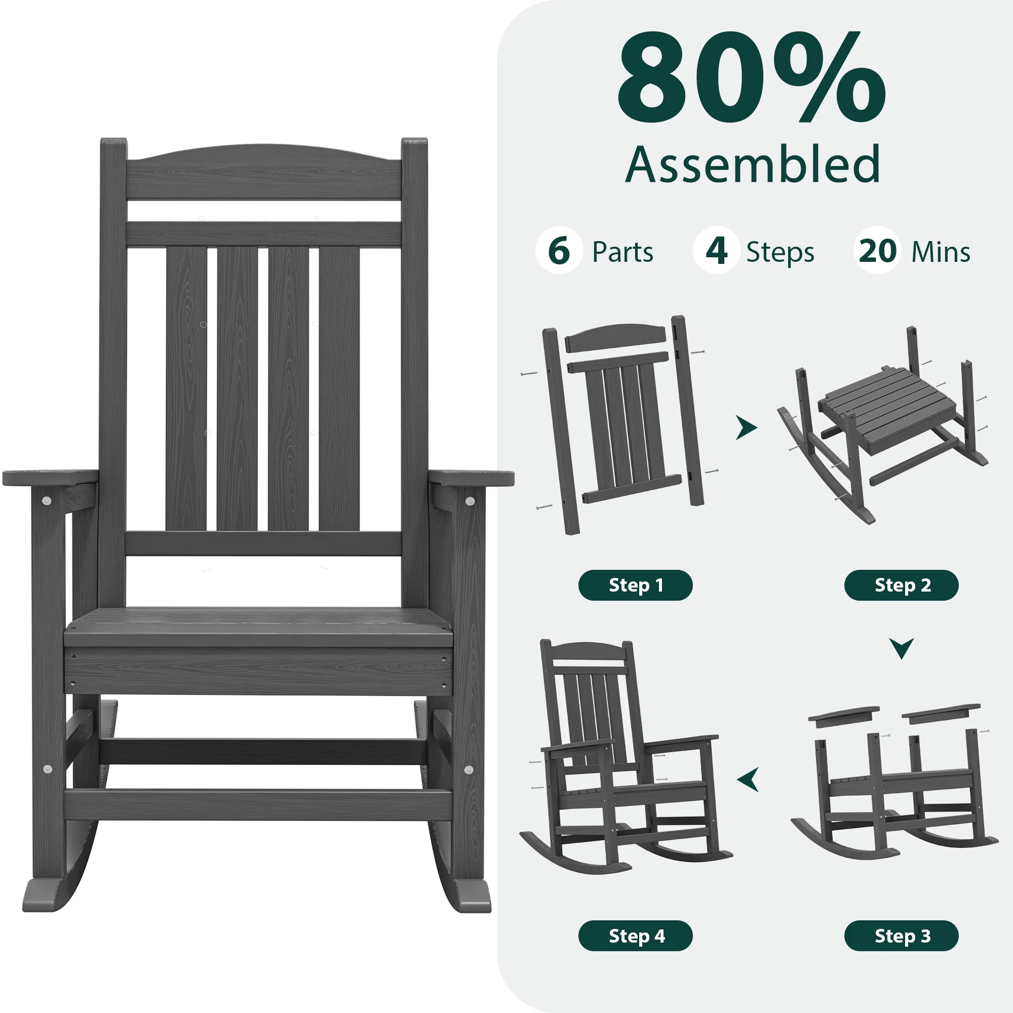 KINGYES HDPE Outdoor Rocking Chairs Set of 2,HDPE Patio Rocker for Porch,Black - Image 40