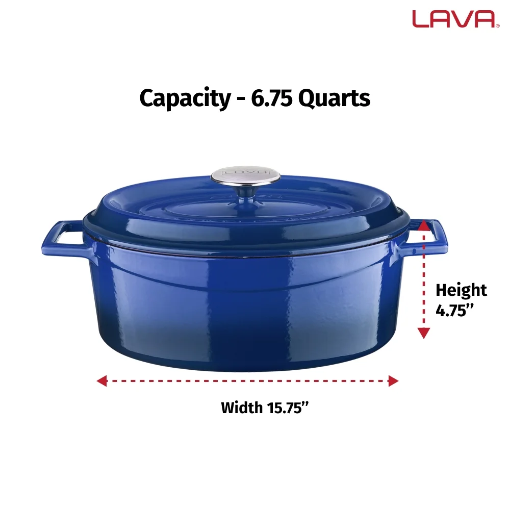 LAVA 6.75 Quarts Cast Iron Dutch Oven: Multipurpose Stylish Oval Shape Dutch Oven Pot with Three Layers of Enamel Coated with Trendy Lid (Blue)