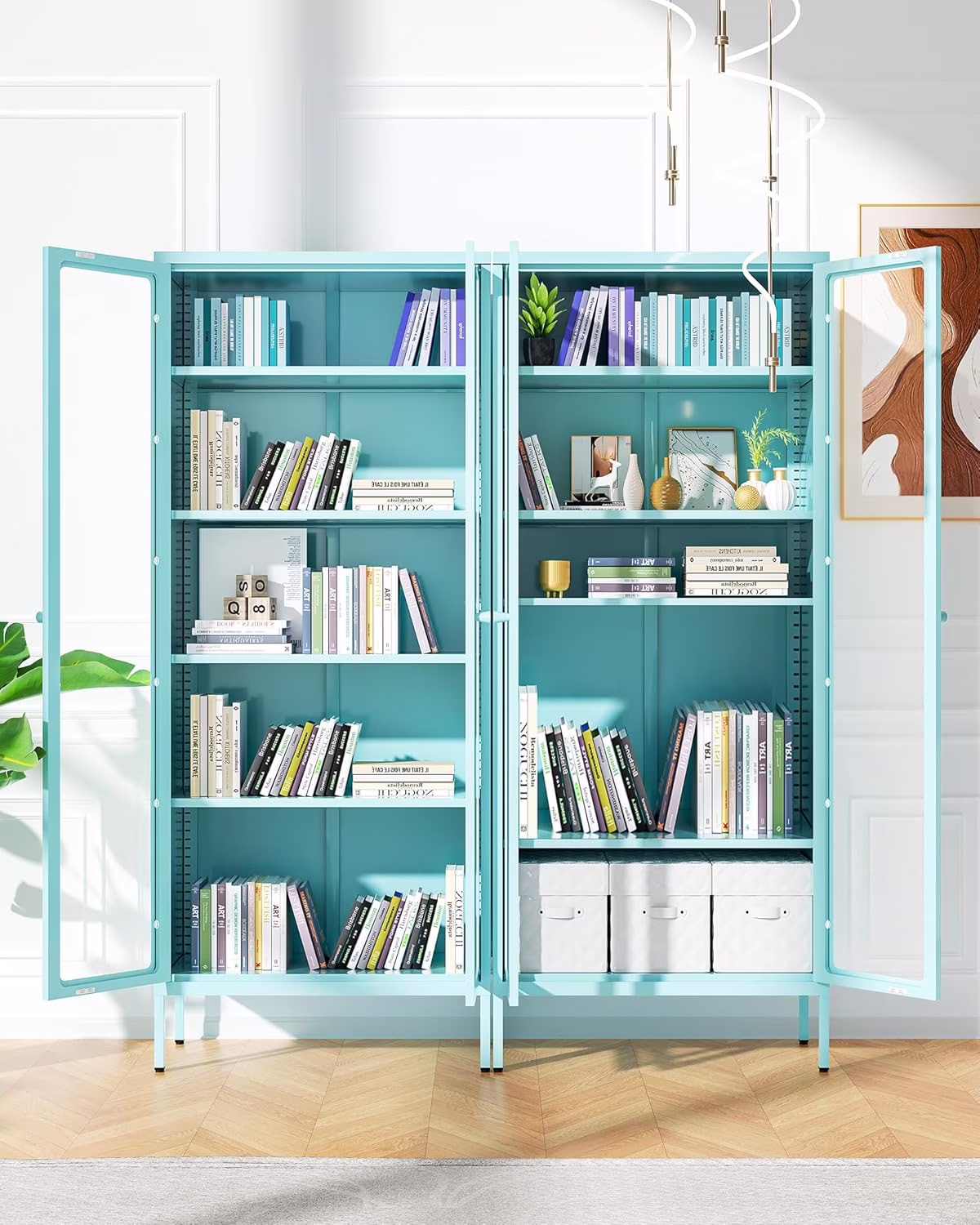 SUNCROWN Metal Storage Cabinet, Curio Display Cabinet with 2 Glass Display Door and 4 Shelves, Side Storage Organize, Modern Bookshelf Cabinet for livingroom, Bedroom, Kitchen, Black - Image 3