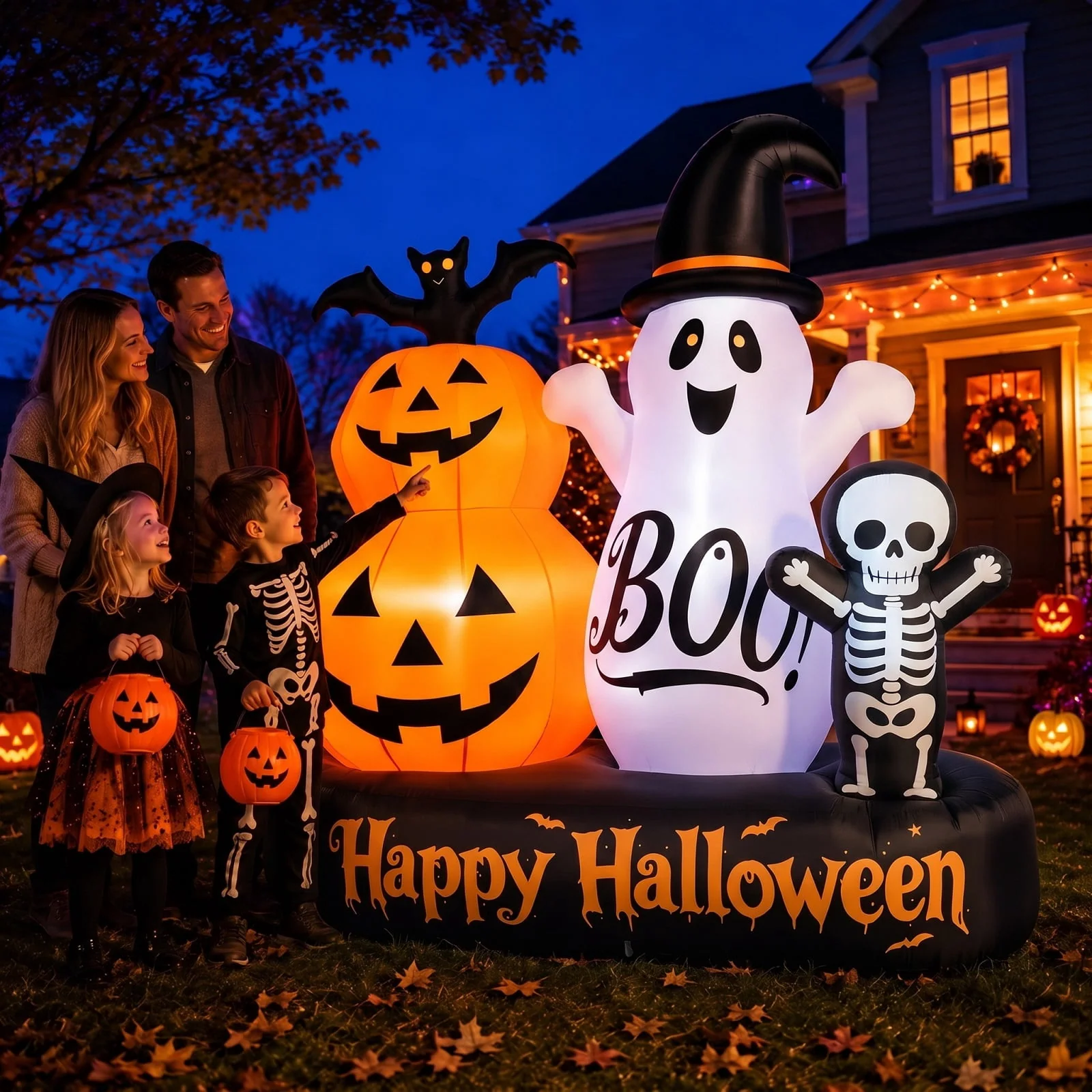 6ft Halloween Inflatable Outdoor Decorations, Lighted Pumpkin Ghost Skeleton with Bat, Built-in LED Lights, Blow Up Halloween Yard Decoration for Lawn, Porch & Party - Image 7 6ft Halloween Inflatable Outdoor Decorations, Lighted Pumpkin Ghost Skeleton with Bat, Built-in LED Lights, Blow Up Halloween Yard Decoration for Lawn, Porch & Party - Image 7
