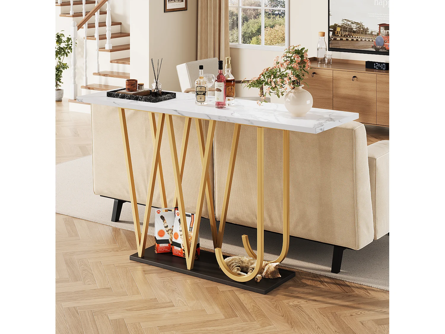Table console avec pieds métal doré - Plateau effet marbre 120 x 29.5 x 80 cm