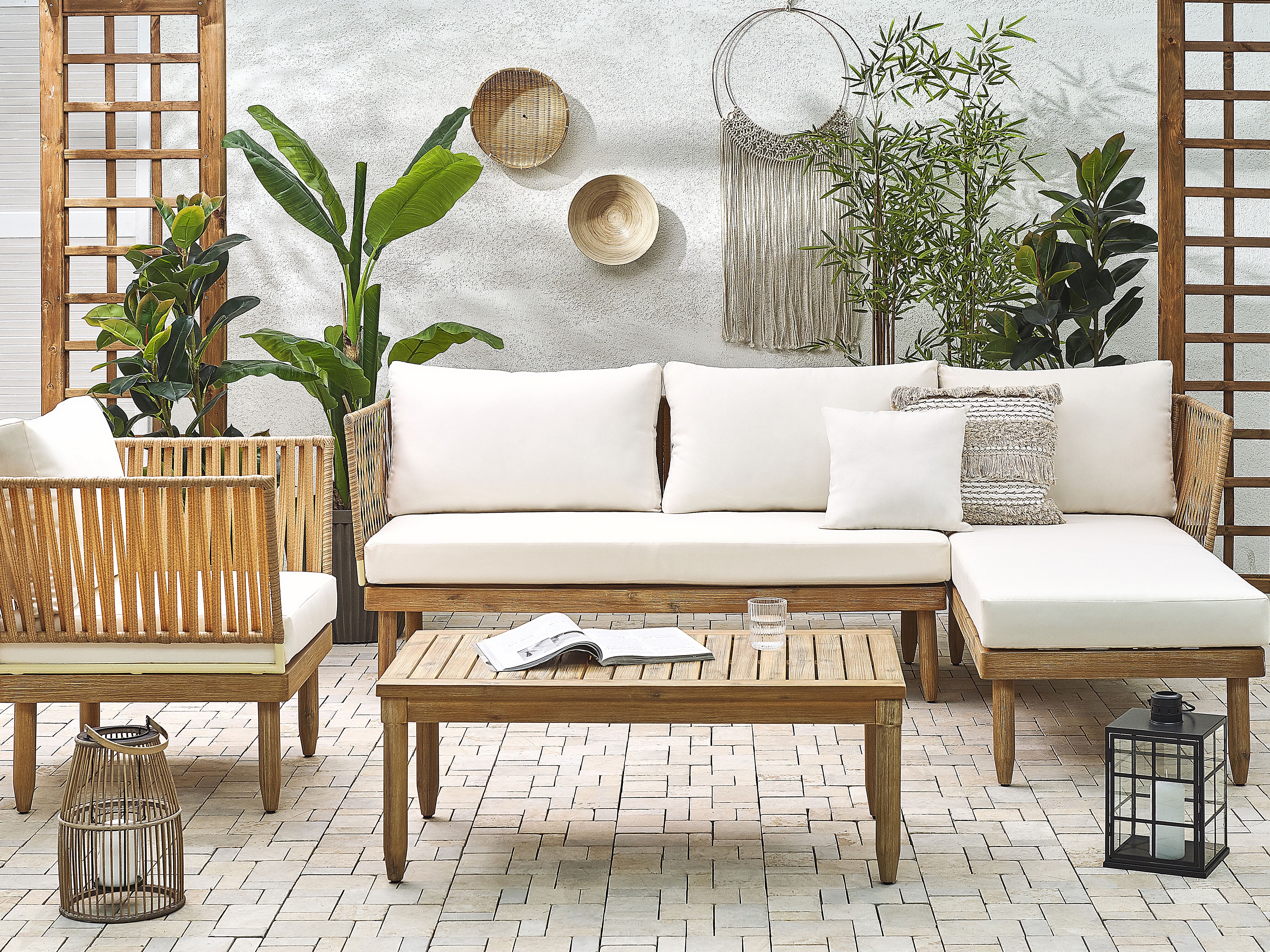 Garden Lounge Set with Table 4 Seater CREMONA Left Hand Acacia Wood Off-White