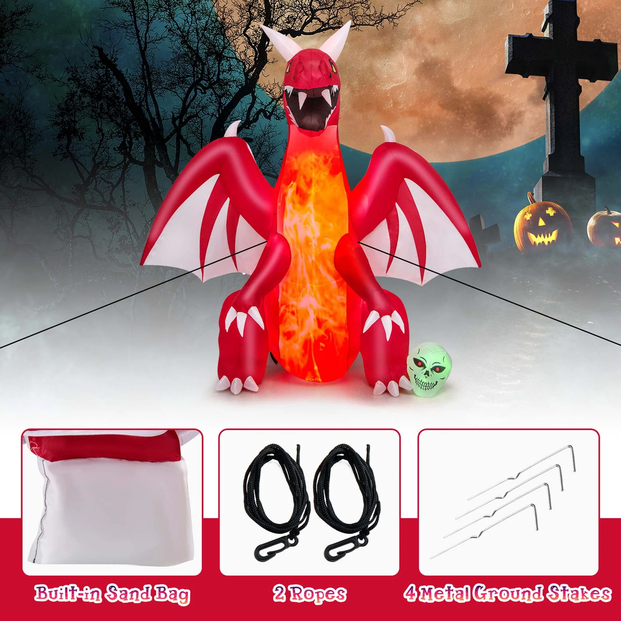 Costway 8 FT Halloween Inflatable Red Dragon with Wings & Skull Holiday Decoration Light - Image 9 Costway 8 FT Halloween Inflatable Red Dragon with Wings & Skull Holiday Decoration Light - Image 9