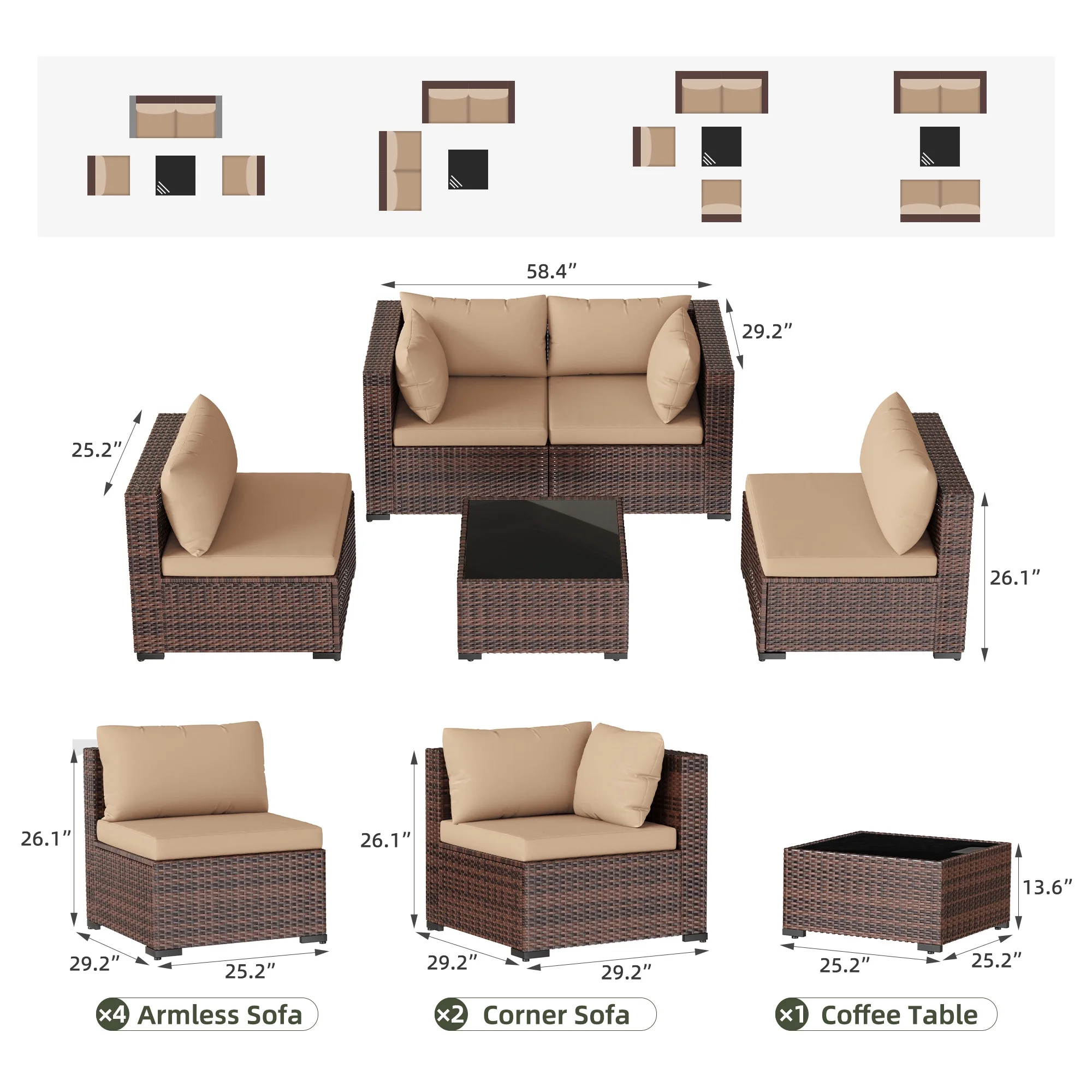 7 Pieces Patio Conversation Set, Outdoor Sectional PE Rattan Wicker Furniture Seat,Dark Gray - Image 25