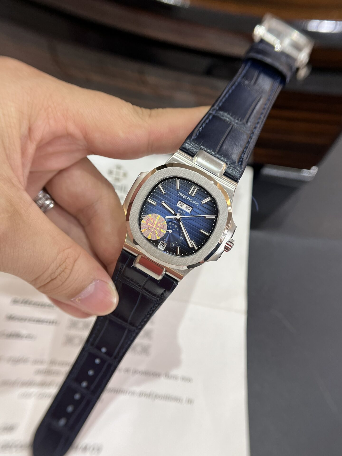 Patek Philippe Nautilus 5726G Replica Watch Blue Leather Strap GRF 40.5mm - Elite Watch Atelier