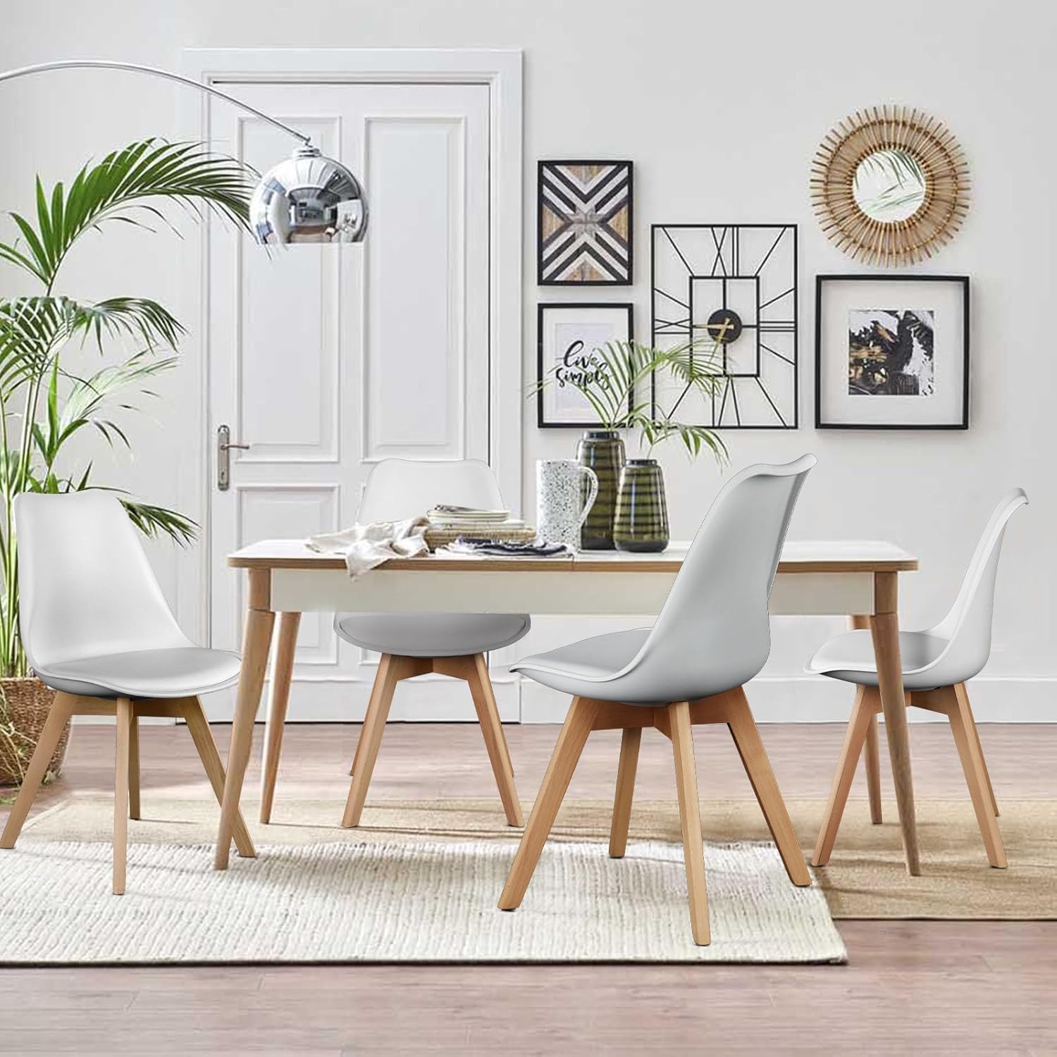 OLIXIS Set of 4 Dining Kitchen Mid-Century Modern Chairs with Wood Legs and PU Leather Cushion for Living Room Bedroom Outdoor Lounge, White