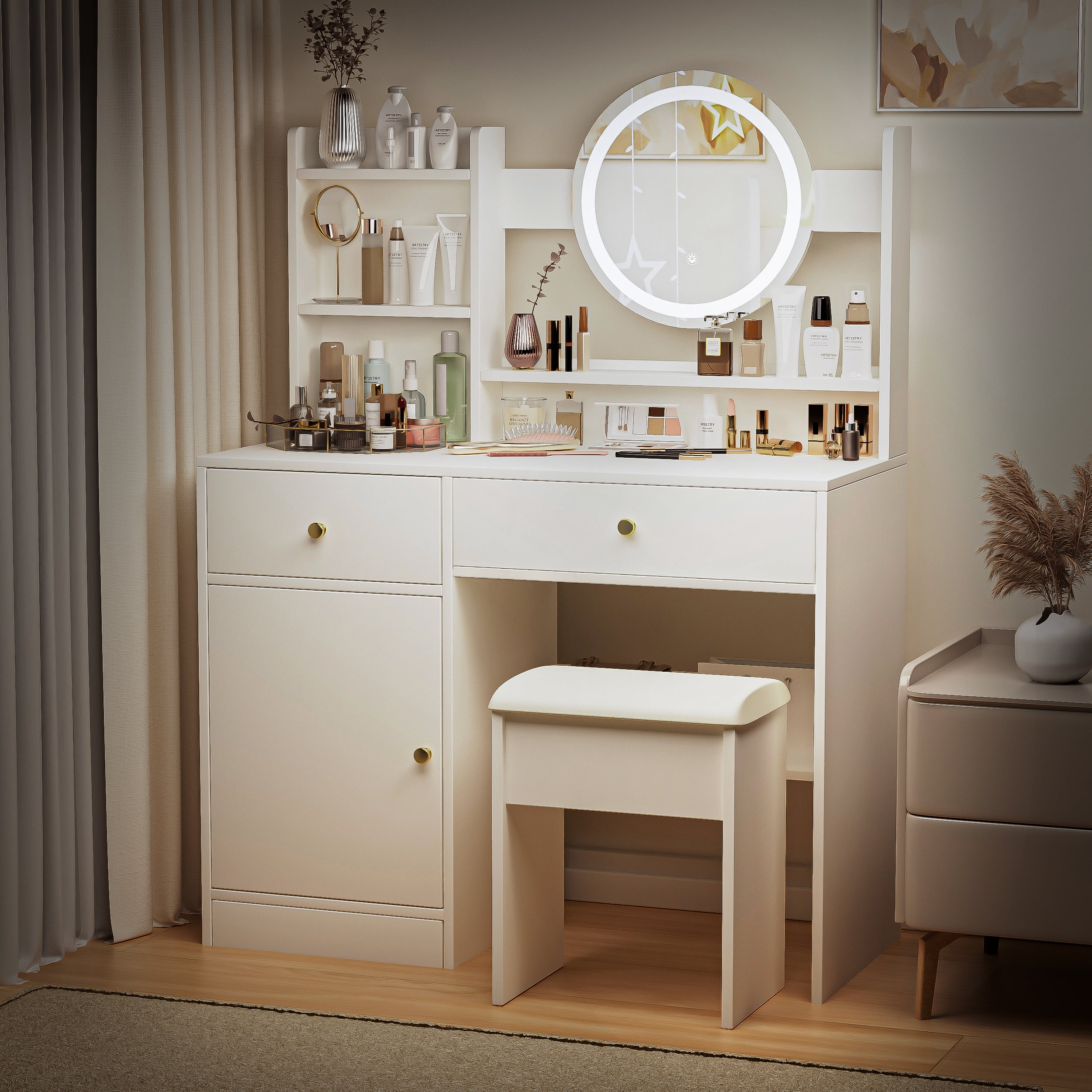 Montary Modern Mini Vanity w/Adjustable LED Mirror + Hidden Storage, Padded Stool & Dustproof Shelves (White) - Image 110