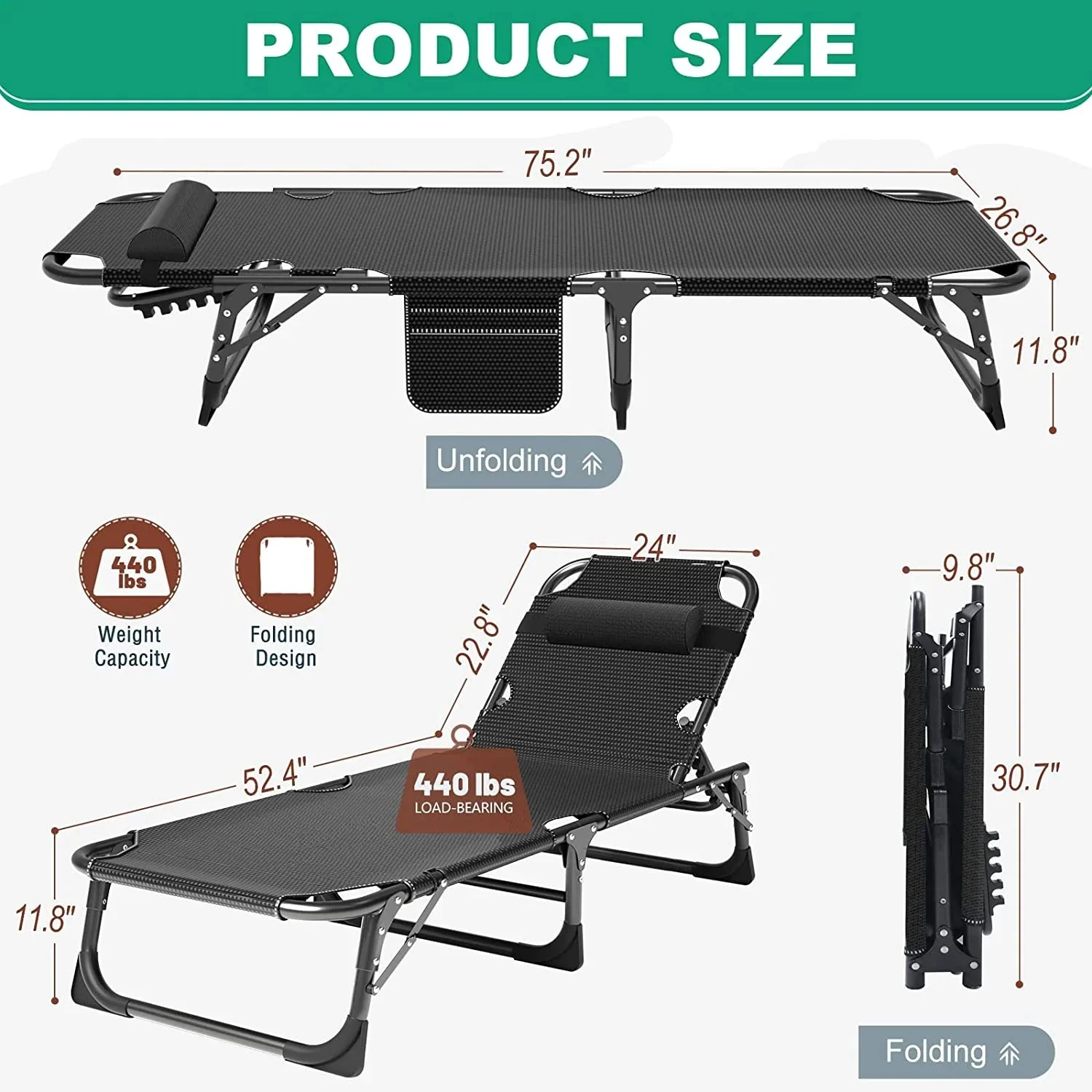 Slsy 5-Position Adjustable Folding Lounge Chair And Cot - 75.2" x 25.6" x 11.8" - Image 20 Slsy 5-Position Adjustable Folding Lounge Chair And Cot - 75.2" x 25.6" x 11.8" - Image 20