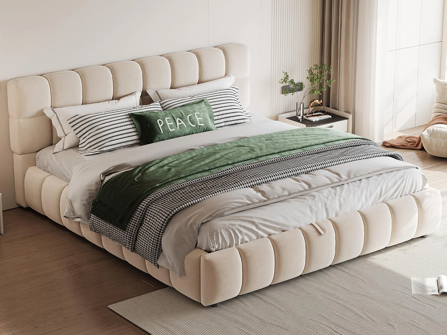 Lit coffre rembourré 140x190 cm - lit double - Velours - Beige (matelas non inclus)