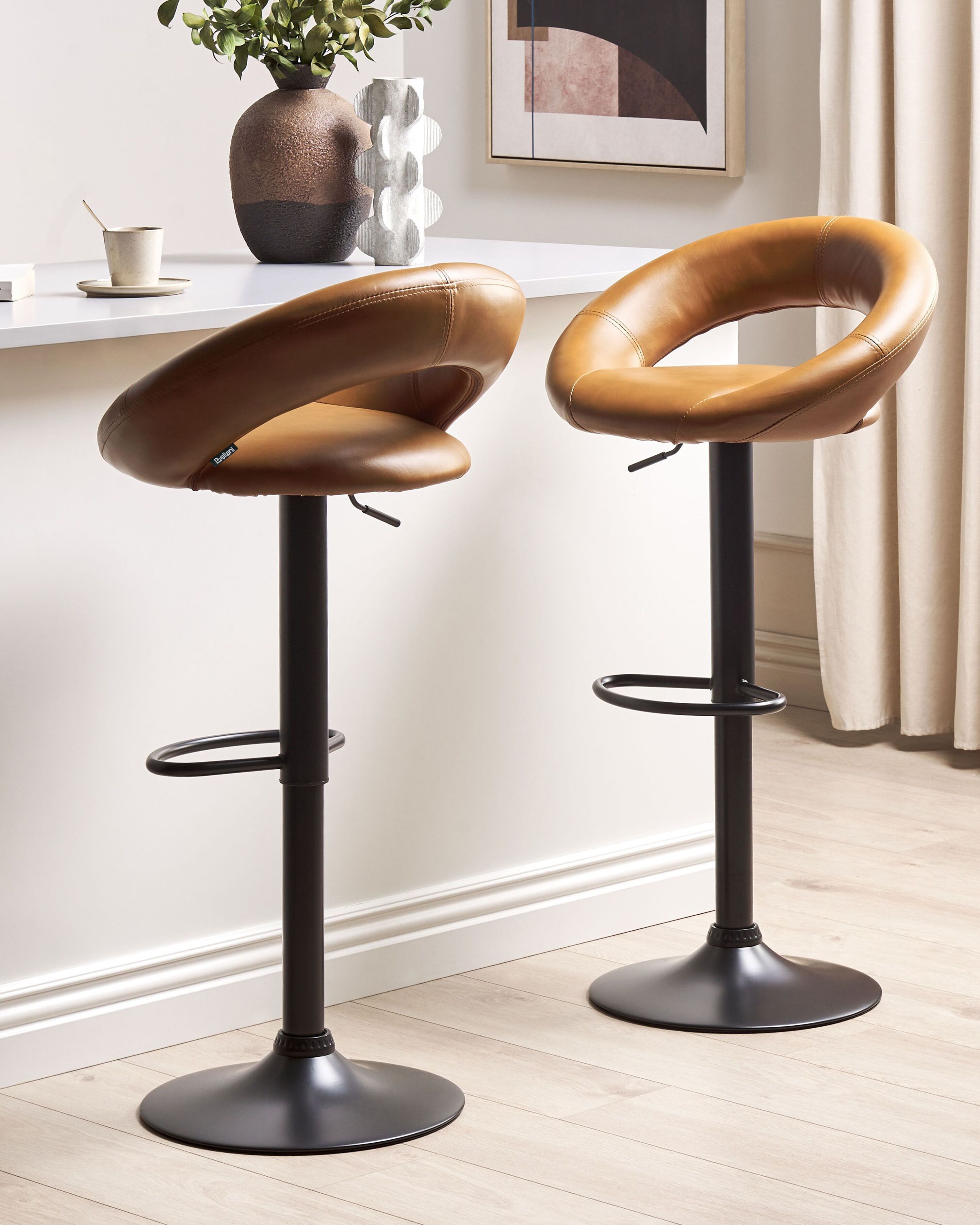 Set of 2 Bar Chairs PEORIA Faux Leather Swivel Golden Brown