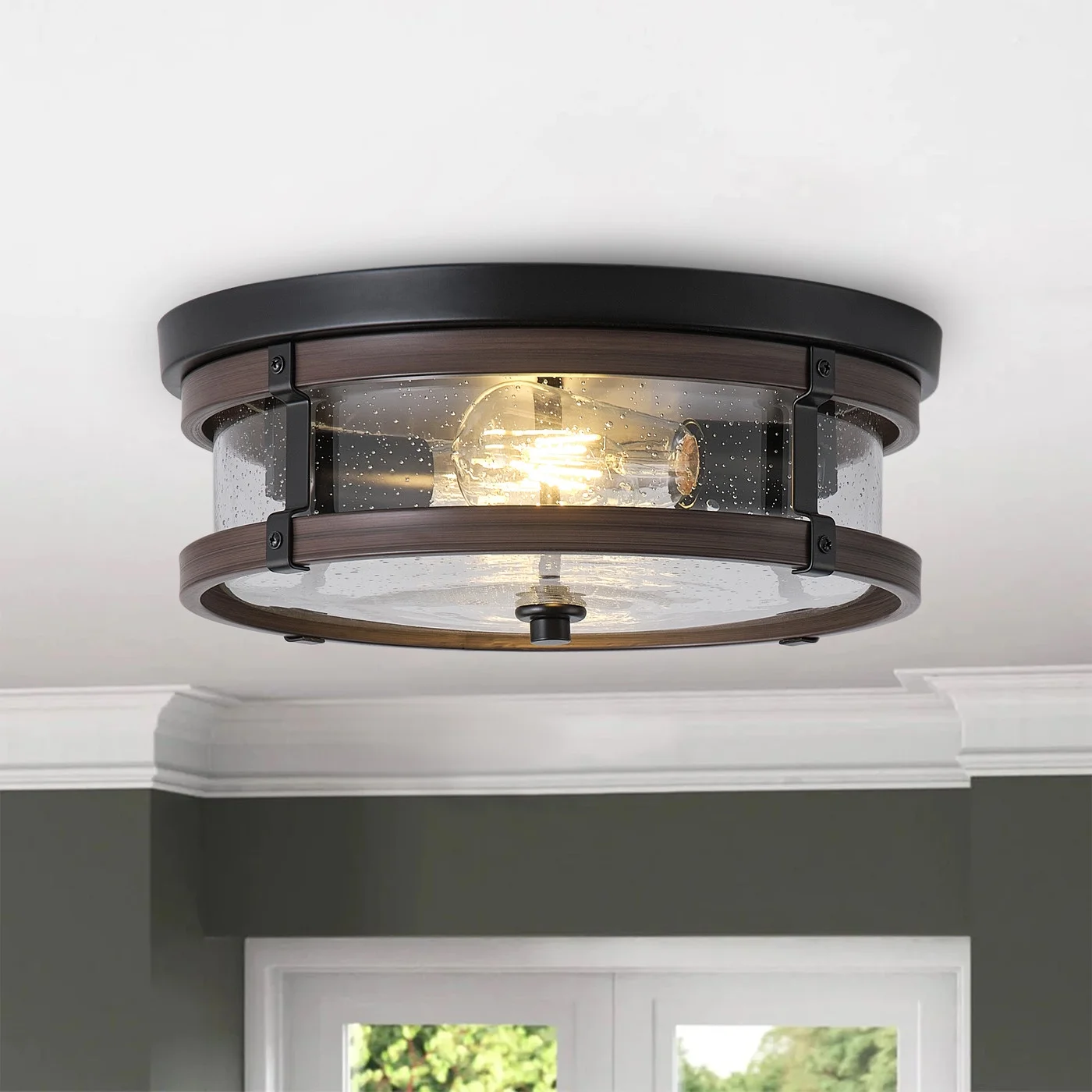 2-Light Oil-rubbed Bronze Industrial Semi Flush Mount Ceiling Light, Modern Farmhouse Close to Ceiling Light Fixture for Kitchen Hallway Bedroom Corridors