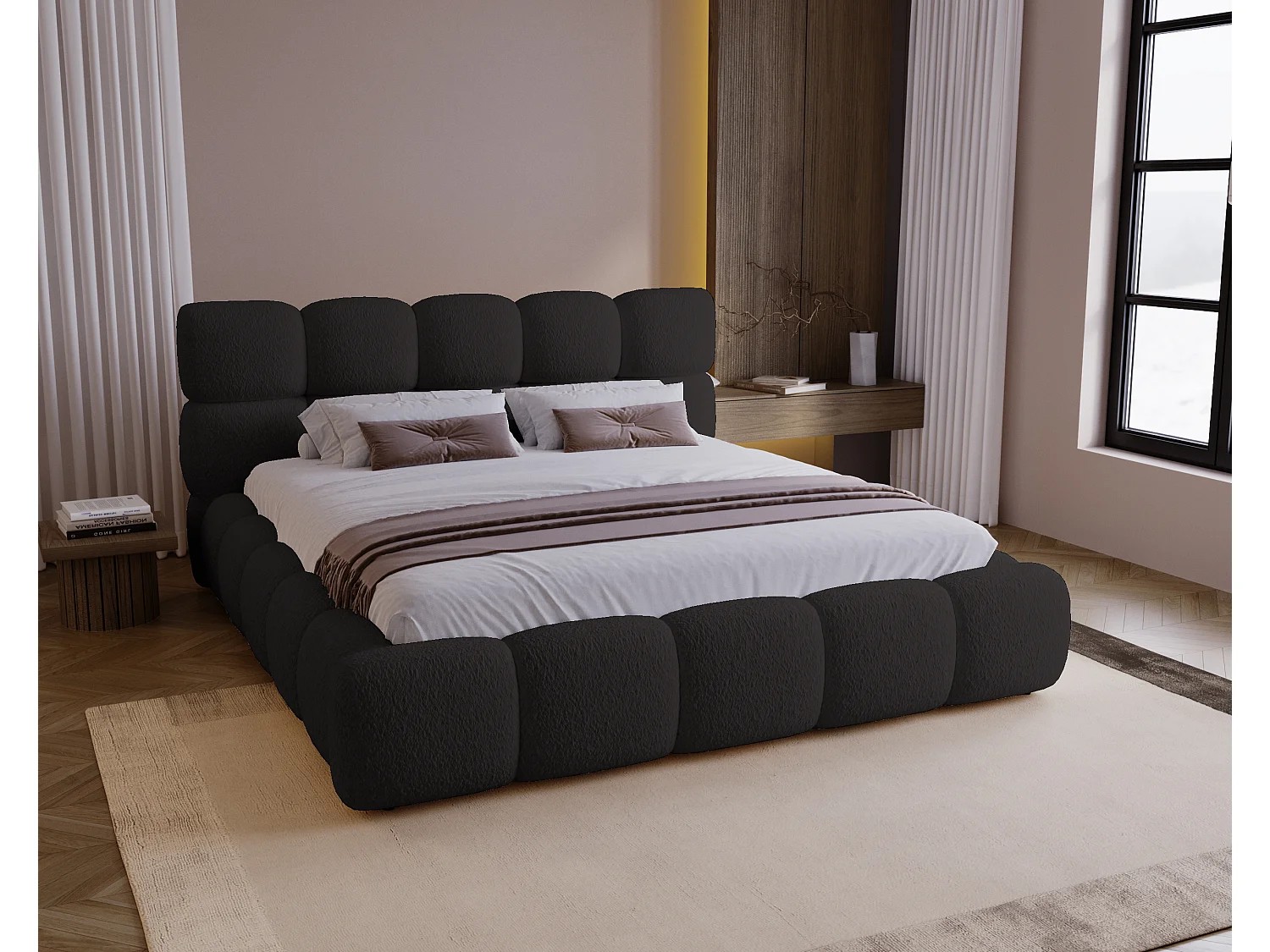 BESILIO Lit tapissé 180x200 bouclé Boston – lit avec coffre de rangement et sommier, lit coffre moderne en mousse épaisse – Noir