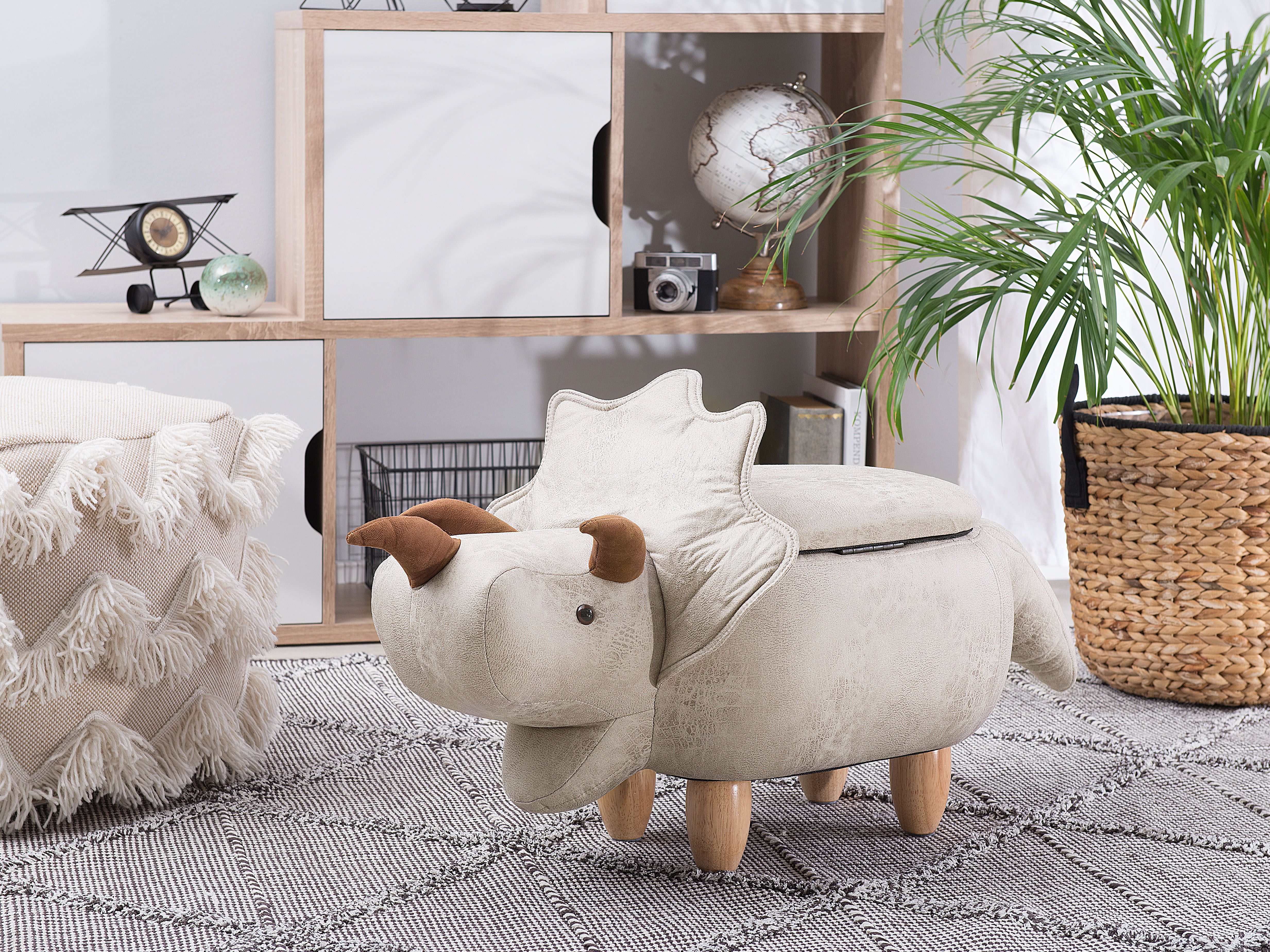 Storage Animal Stool TRICERATOPS Fabric Light Grey Dinosaur