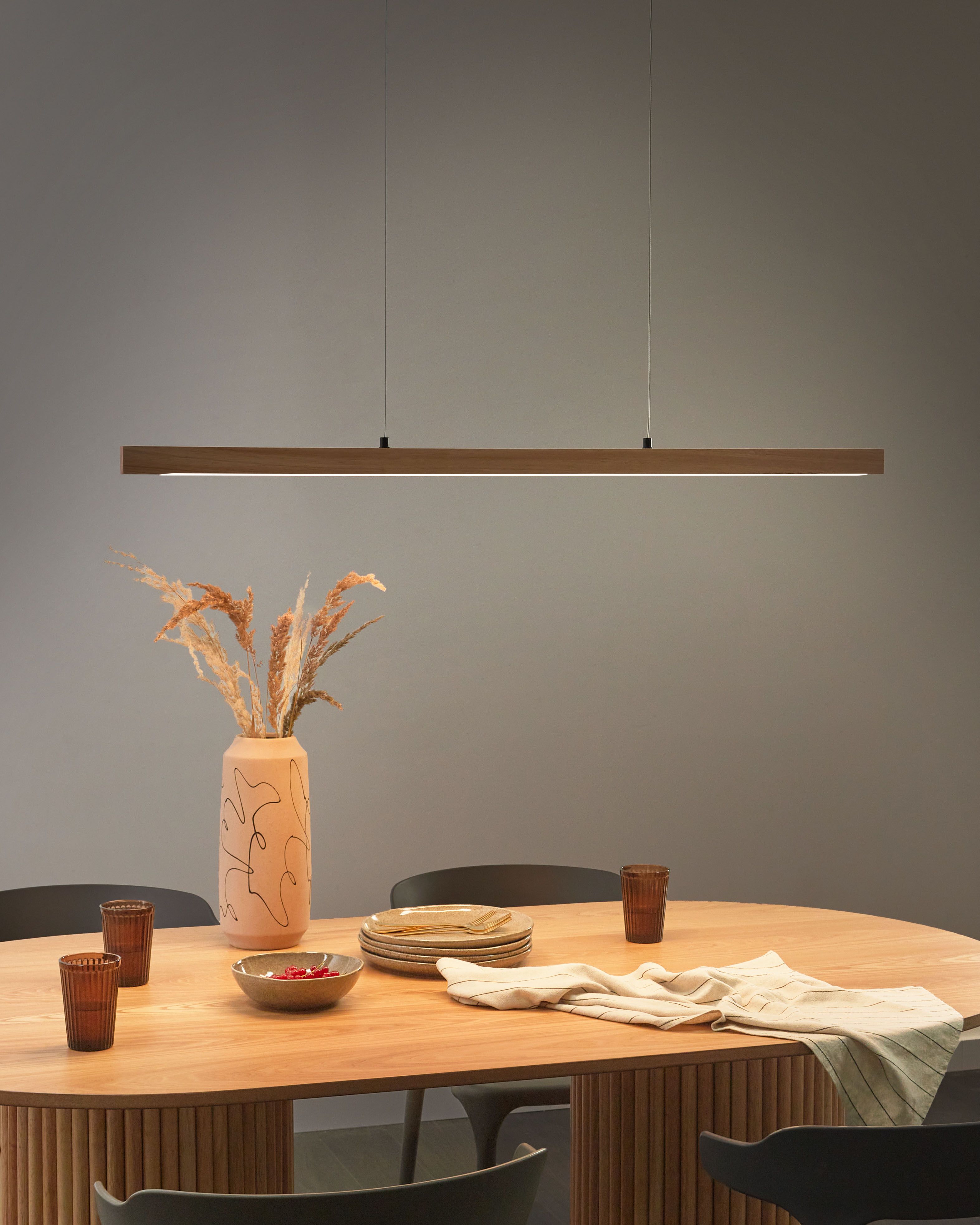 LED Pendant Lamp STEWARTS with Remote with Dimmer Oak Wood Light Brown