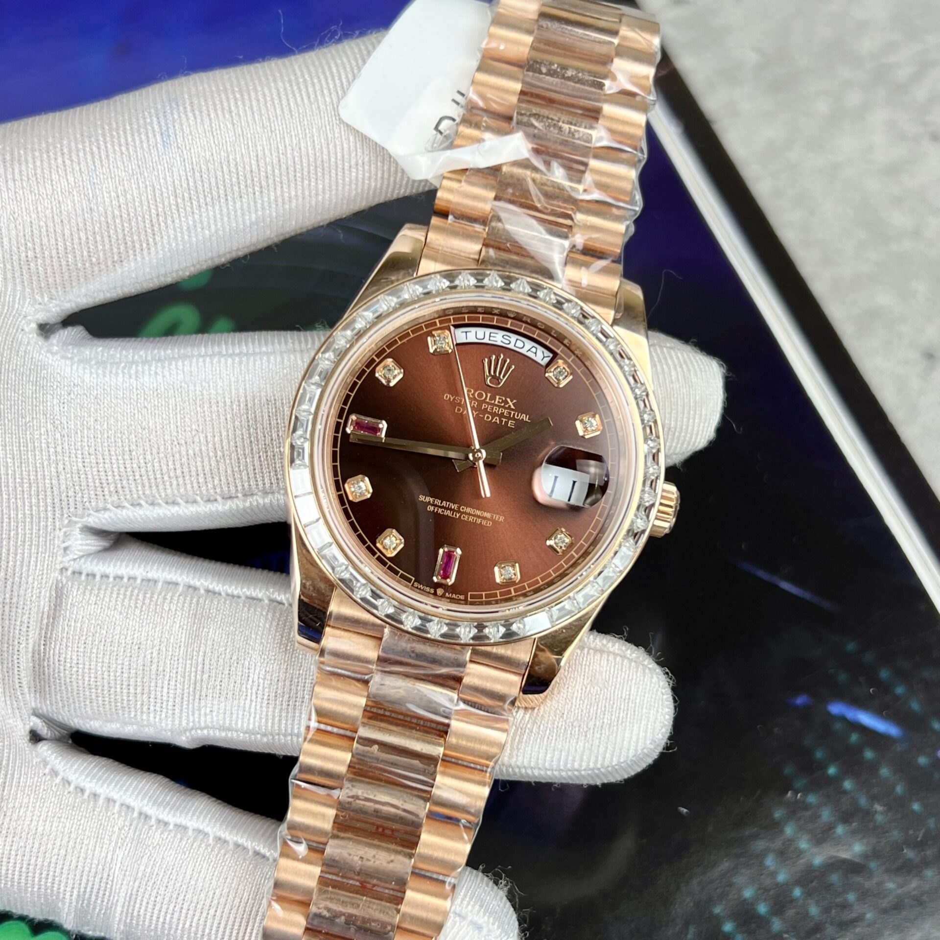 Rolex Day-Date Gold Wrapped Replica Watch With Moissanite Ruby Red Diamond 40mm - Elite Watch Atelier