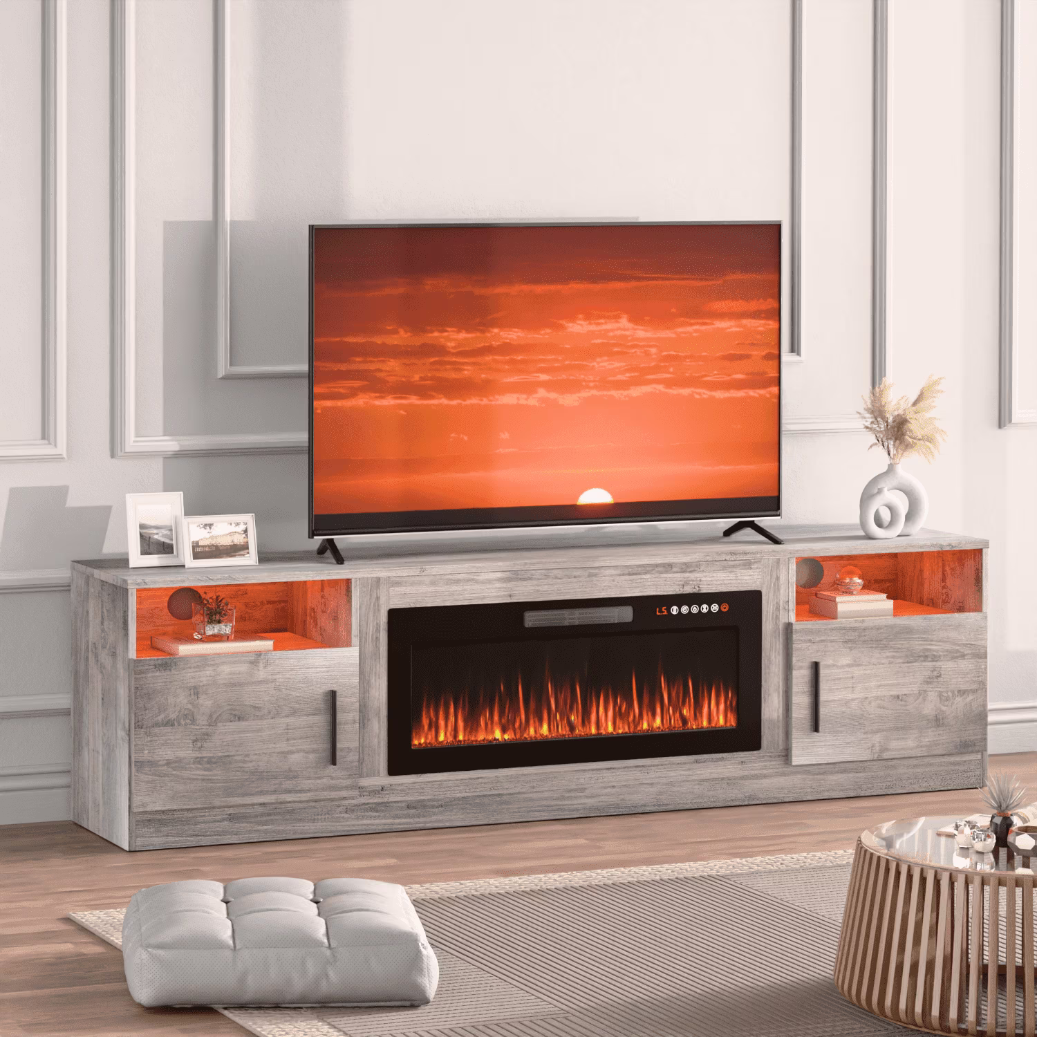 Waleaf Fireplace TV Stand with 36" Electric Fireplace Up to 80" TVs, Modern Wood Media TV Console with Highlight Cabinet, White - Image 13