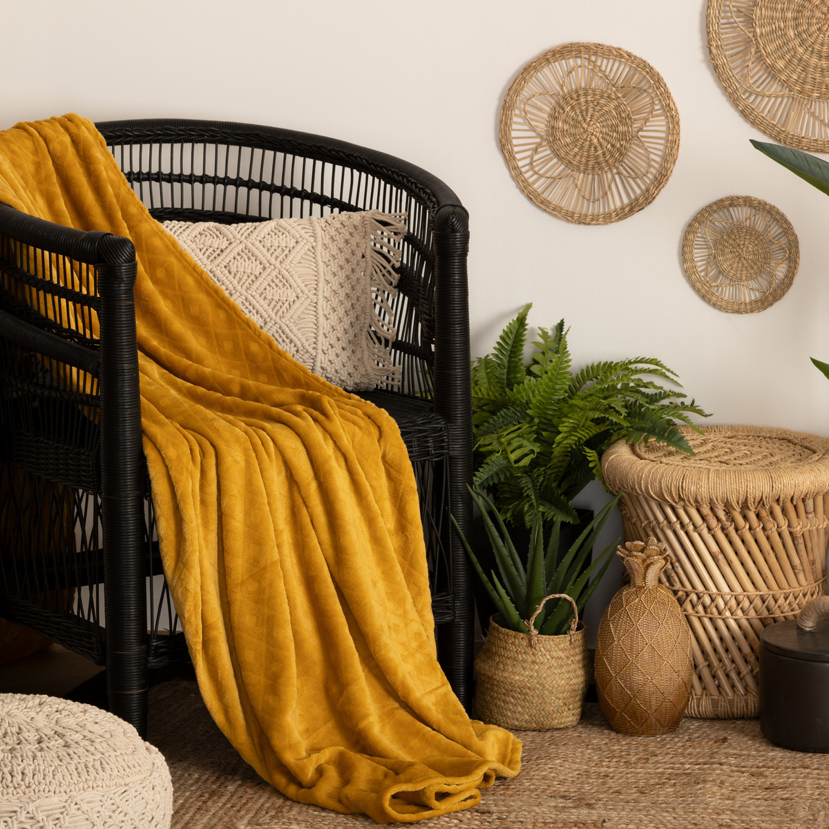 Plaid "3D Losange", flannel Mustard yellow, 180x230 cm