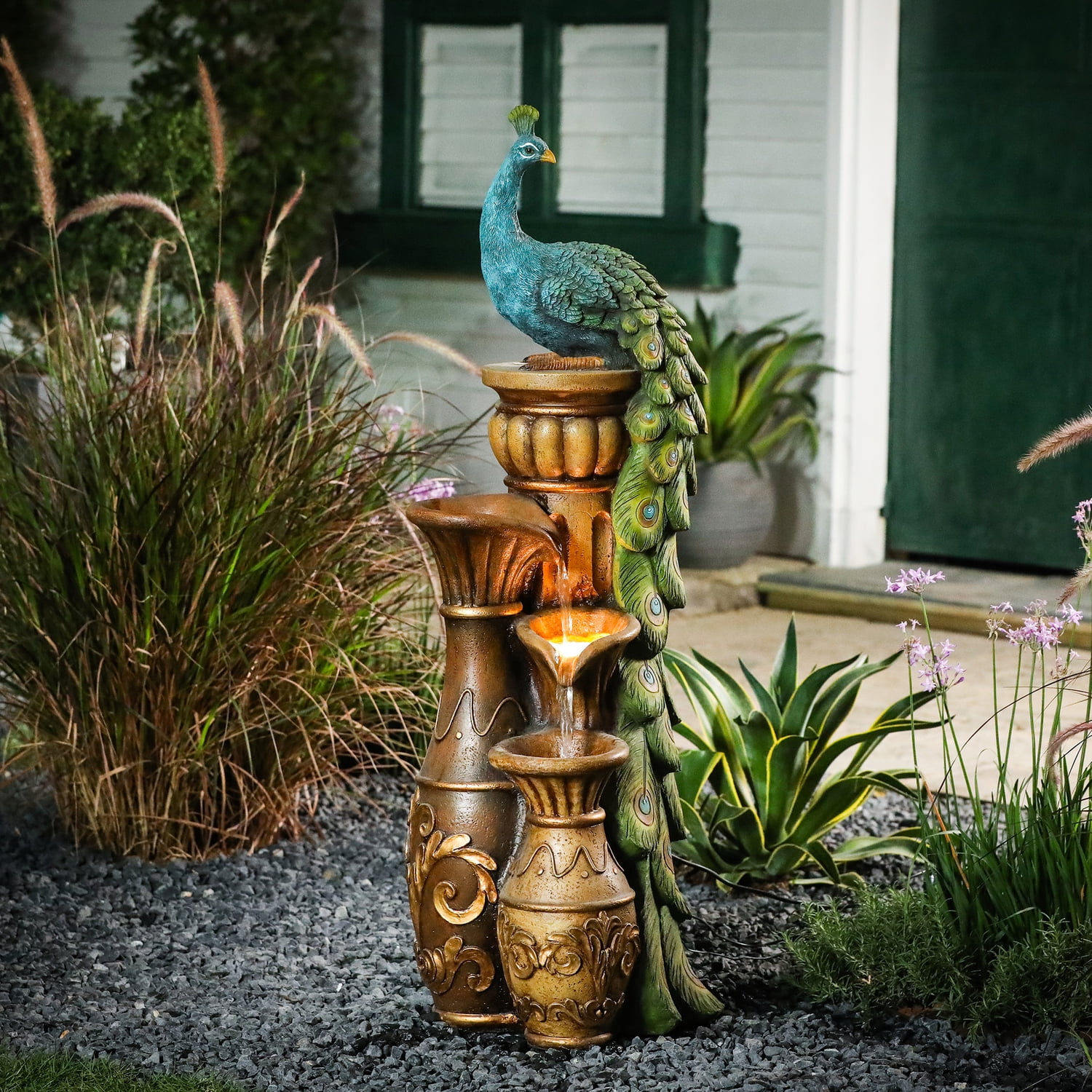 LuxenHome 44" Resin Outdoor Water Fountain, Peacock Garden Water Fountain Outdoor with LED Lights - Image 5