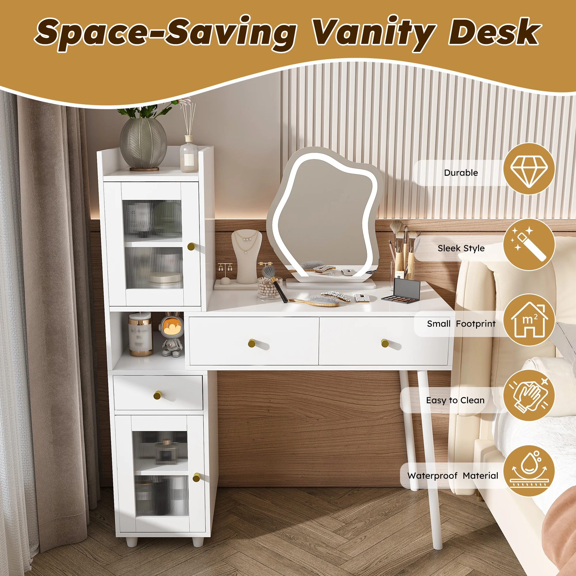 Montary Modern Mini Vanity w/Adjustable LED Mirror + Hidden Storage, Padded Stool & Dustproof Shelves (White) - Image 17