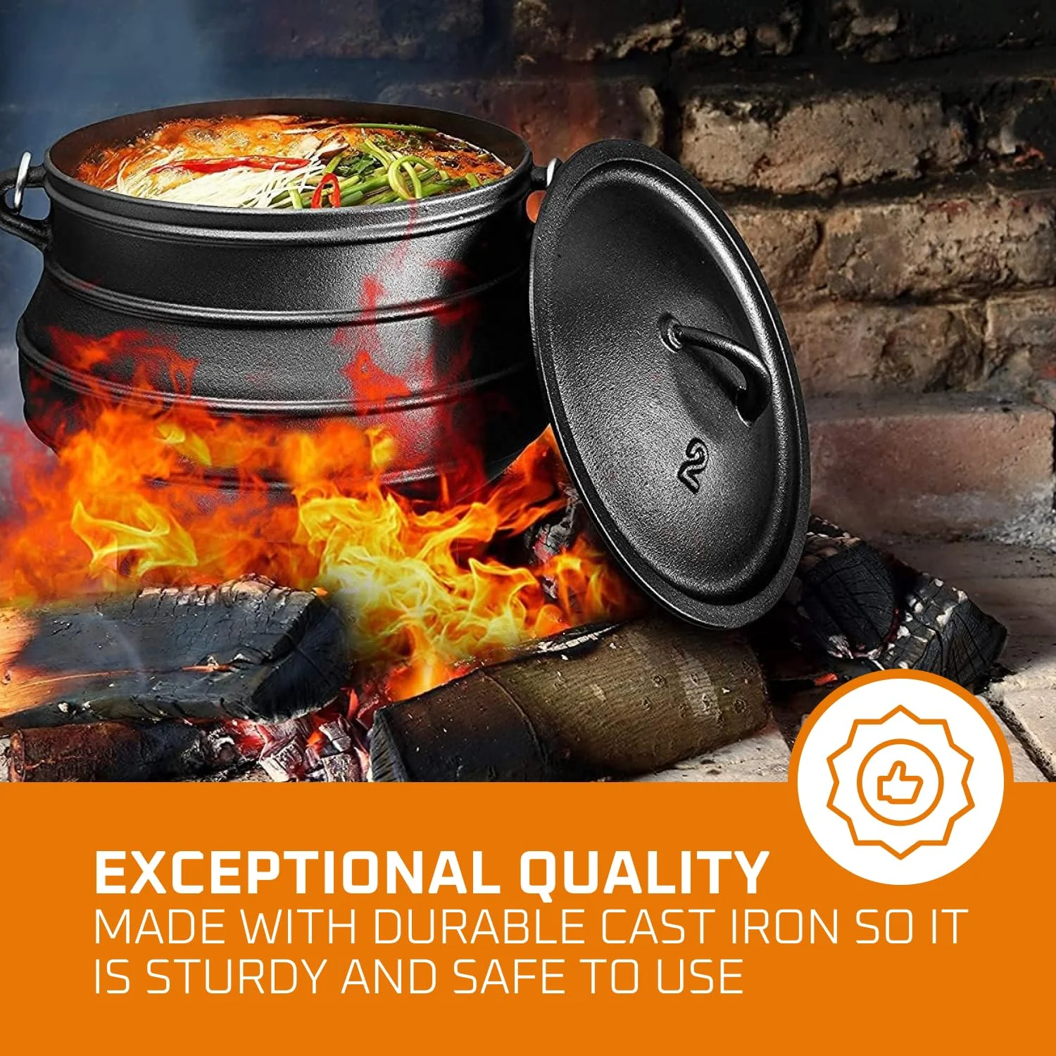 Bruntmor Pre-Seasoned Cast Iron Cauldron - Bruntmor African Potjie Pot with Lid - 3 Legs for Even Heat Distribution - Camping Dutch Oven Cookware for Over-the-Fire Cooking - 10 Quarts, X-Large
