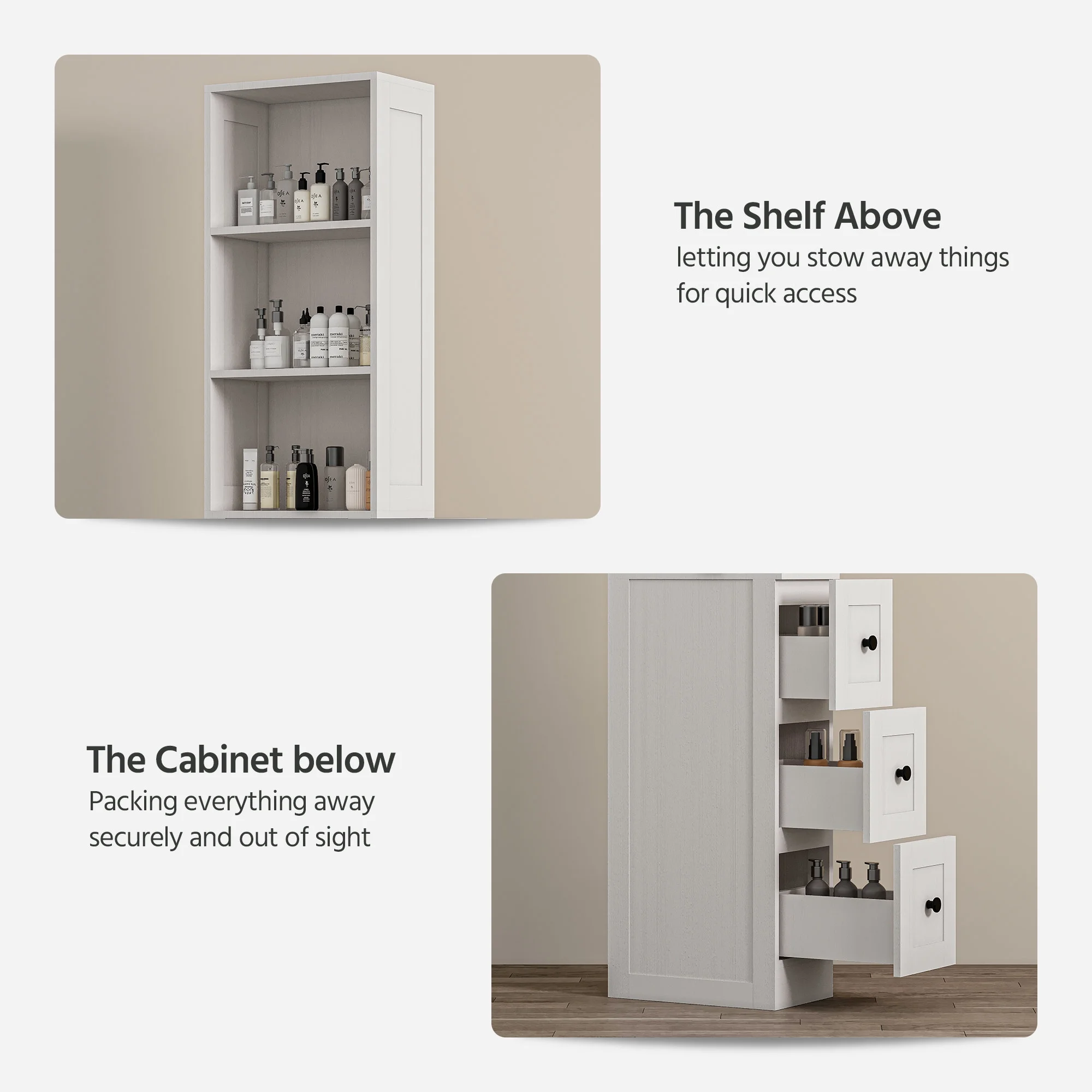 LAUSAINT HOME Bathroom Storage Cabinet, Tall Thin White Storage with 2 Adjustable Shelves & 3-level Drawers for Home, Kitchen - Image 3