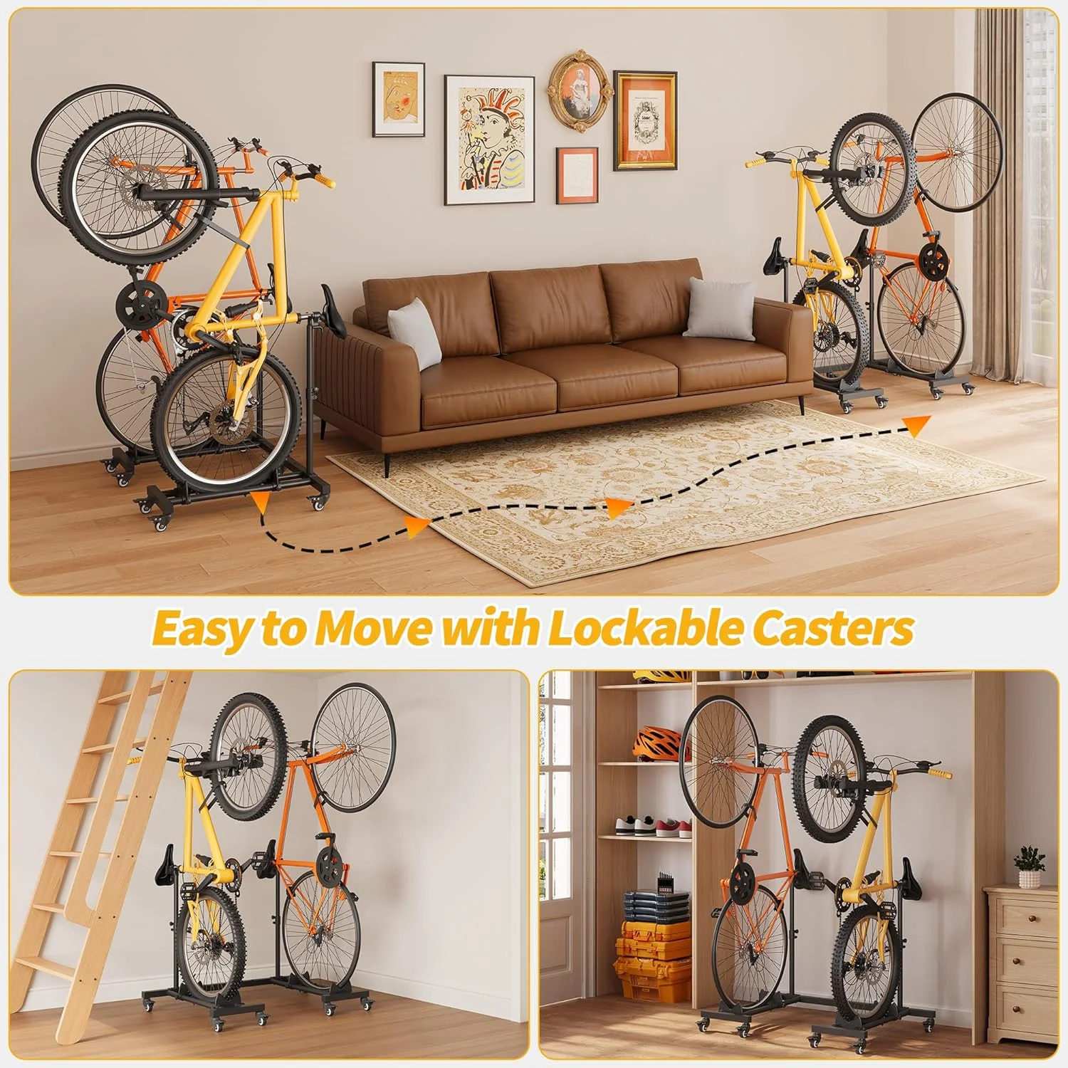 Vertical Bike Stands (2 Pack)��Standing Bike Rack for Garage Floor��Upright Bicycle Floor Stand Indoor Bike Holder with Adjustable Height for Garage & Apartment - for Wheels Sizes up to 29�� - Image 7