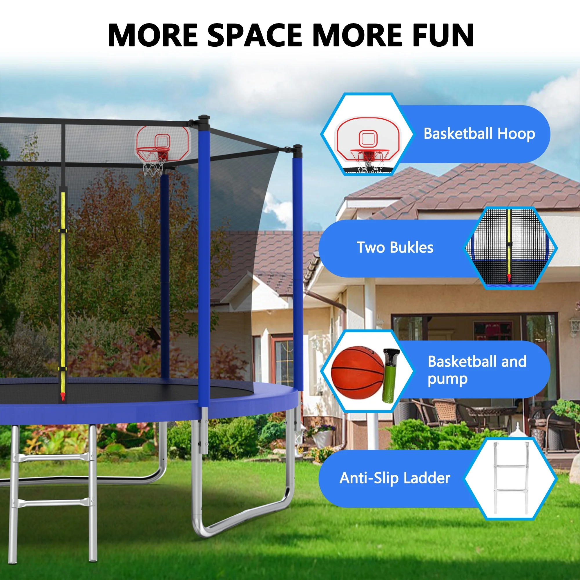 8FT Trampoline for Kids,Outdoor Trampoline with Basketball Hoop,Heavy-Duty Trampoline with Safety Enclosure Net,Blue - Image 5