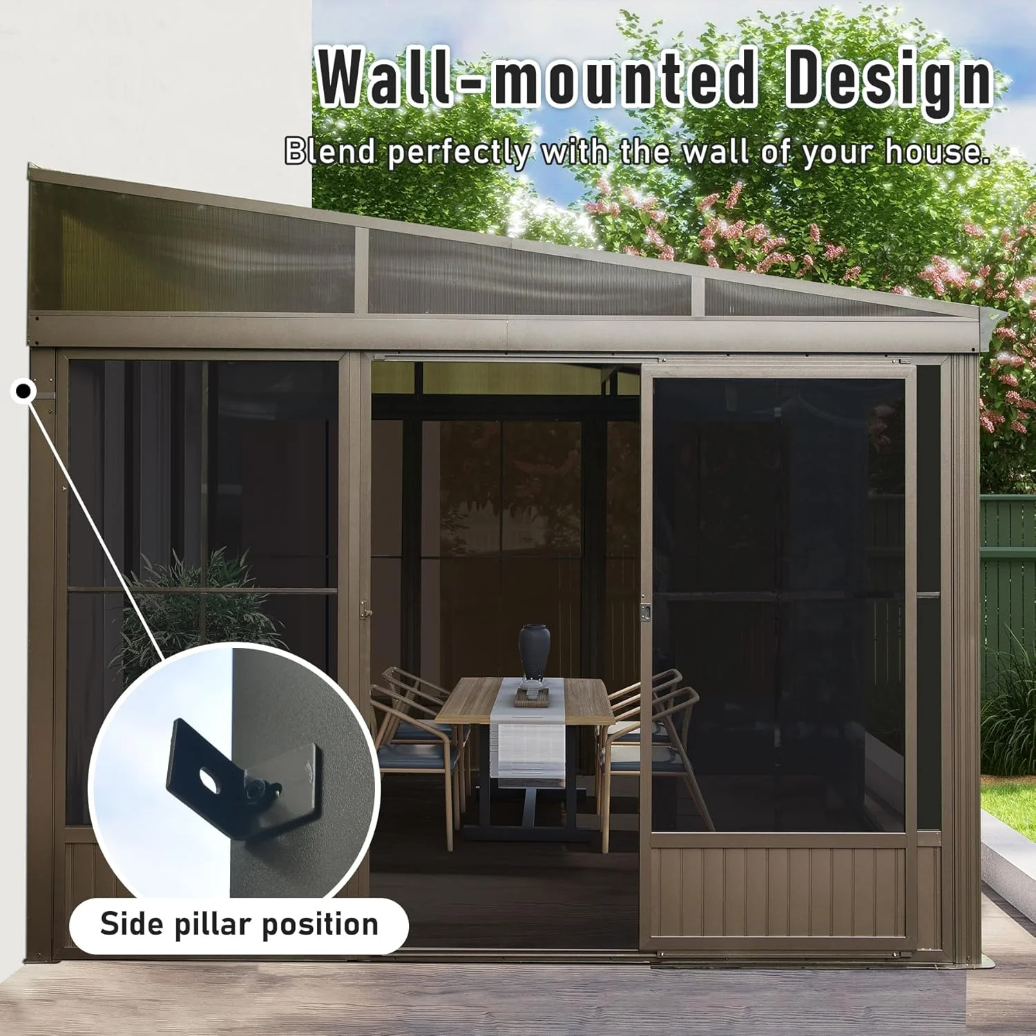 TOTAL Outdoor 10'x12' All-Season Sunroom Gazebo with Steel Roof, PVC Screen, Front & Side Door, Brown - Image 12