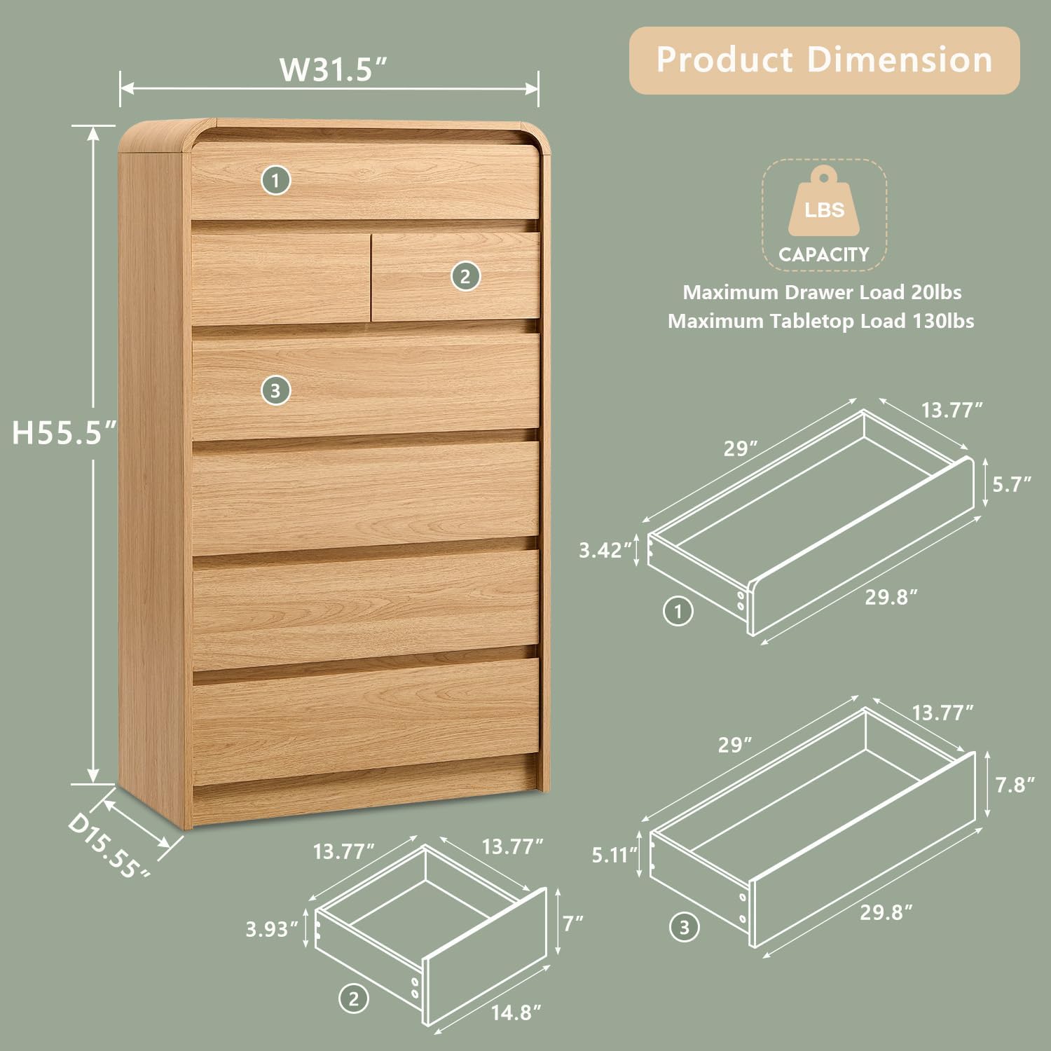 Modern 7 Drawers Dresser for Bedroom, 55