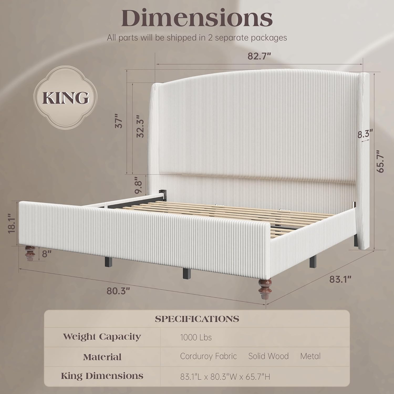 King Size Upholstered Bed Frame with 65.7