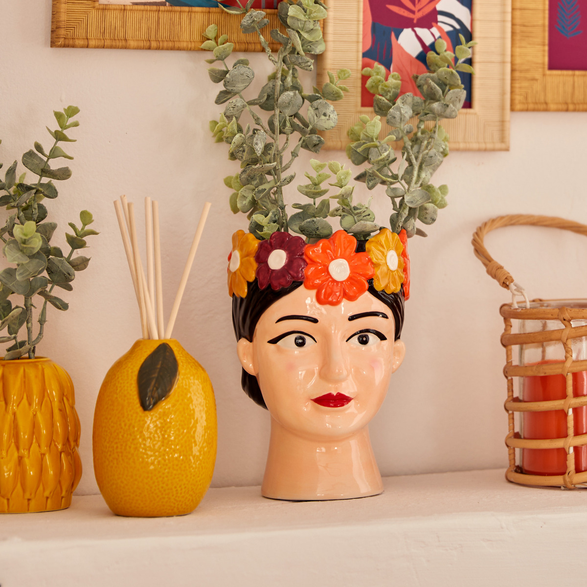 Woman's head vase "Yuca" Ceramic, Multicolored, H.18 cm