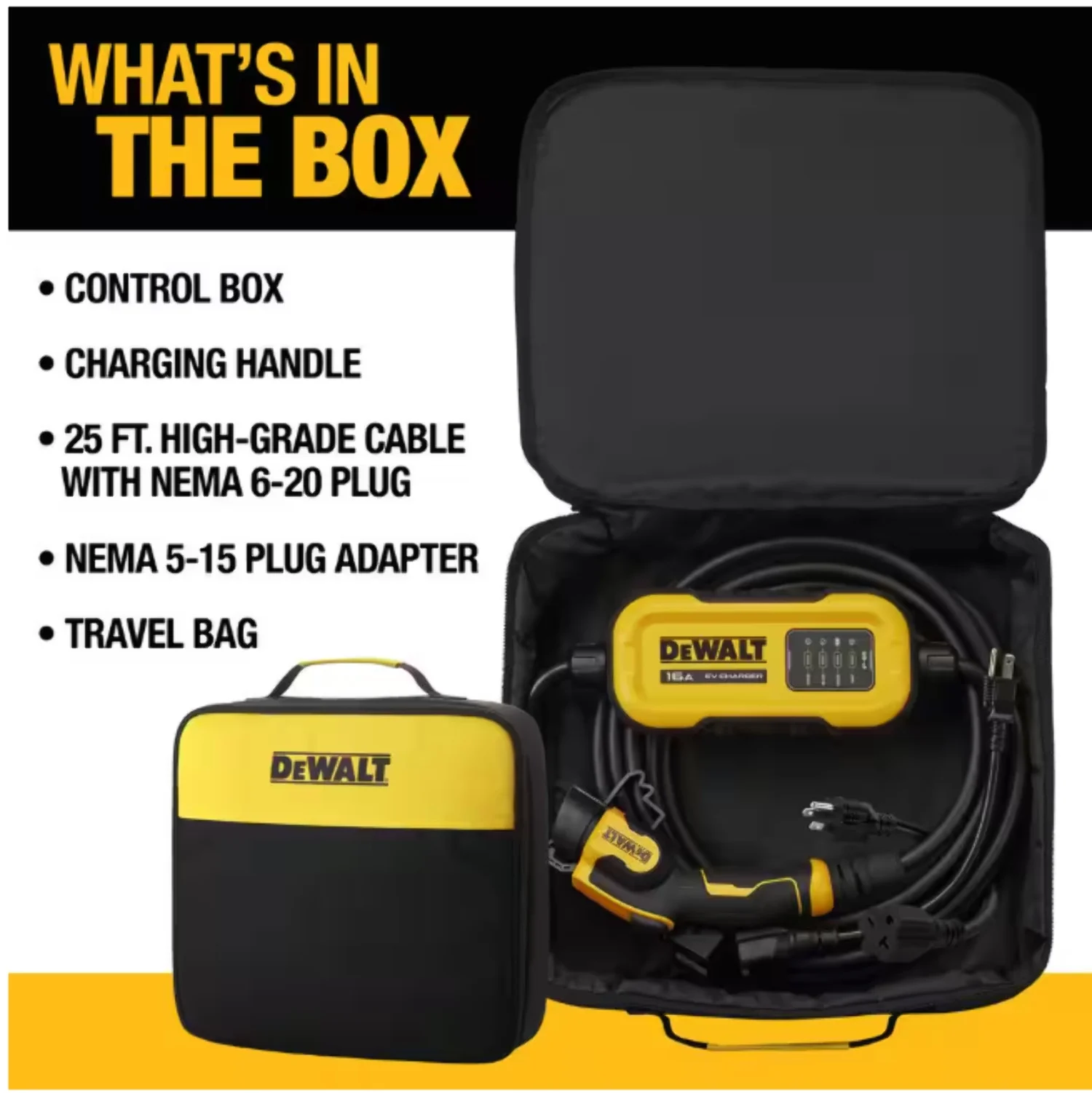 Alternative view of DEWALT Level-2 Portable Electric Vehicle EV Charger up to 16 Amps, 120-240-Volt AC 3.8 KW, 25 Ft. Cable, Weatherproof