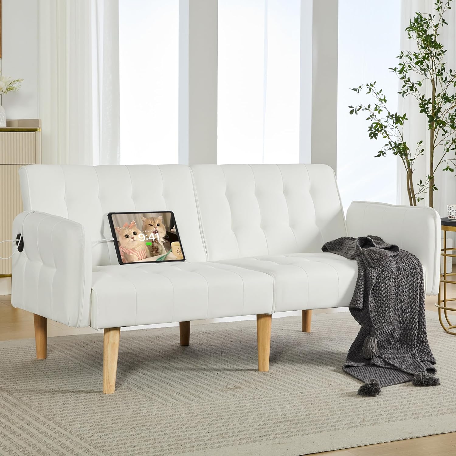 TYBOATLE Modern White Faux Leather Upholstered Convertible USB Folding Futon Sofa Bed, 65