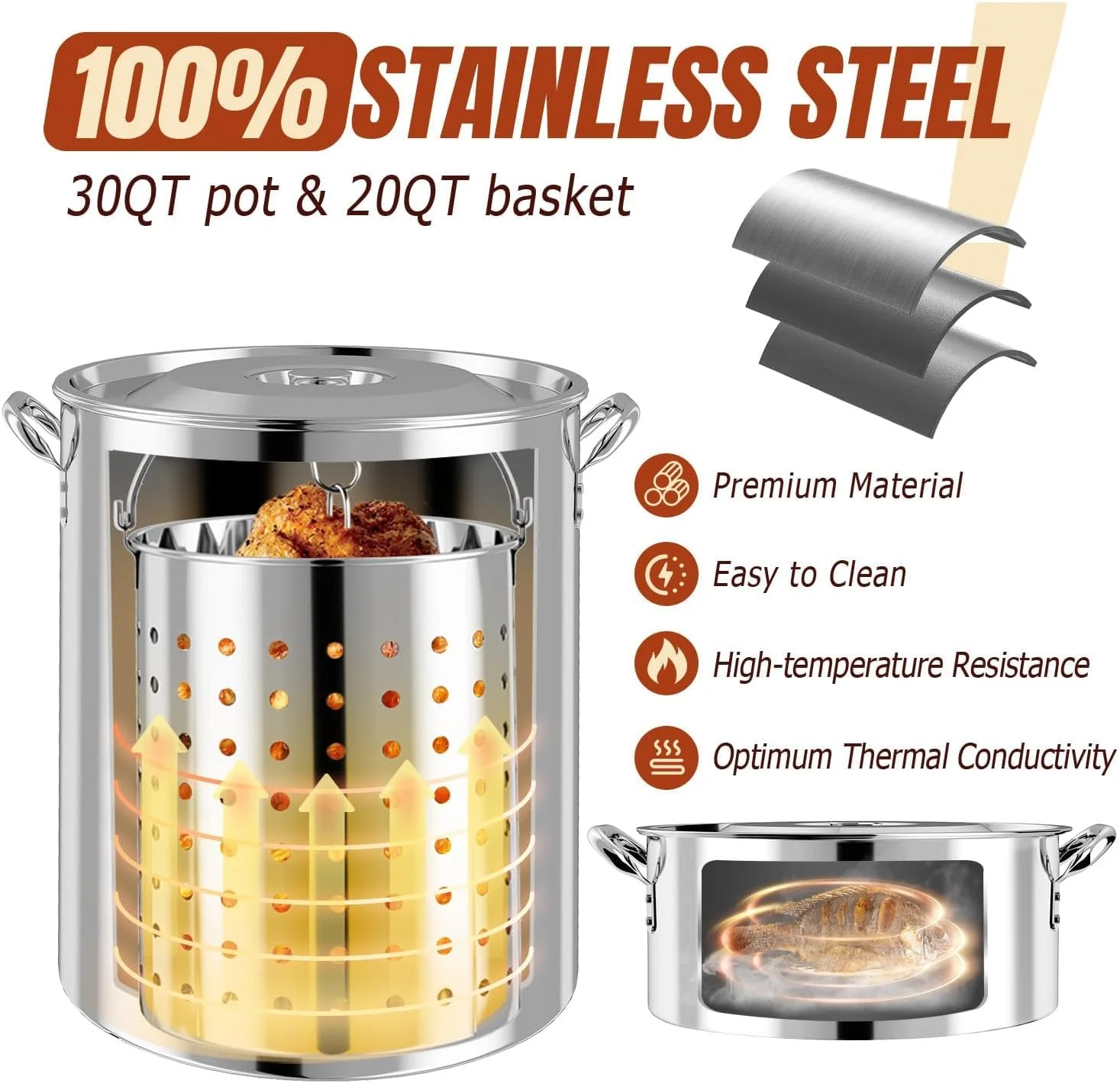 30QT Stainless Steel Turkey Fryer Kit, Stainless Steel Stand with 55,000BTU Propane Burner Stove, Waterproof Cover & Skimmer, Turkey Deep Fryer Pot, Outdoor Fish Fryer, Crawfish Boiler