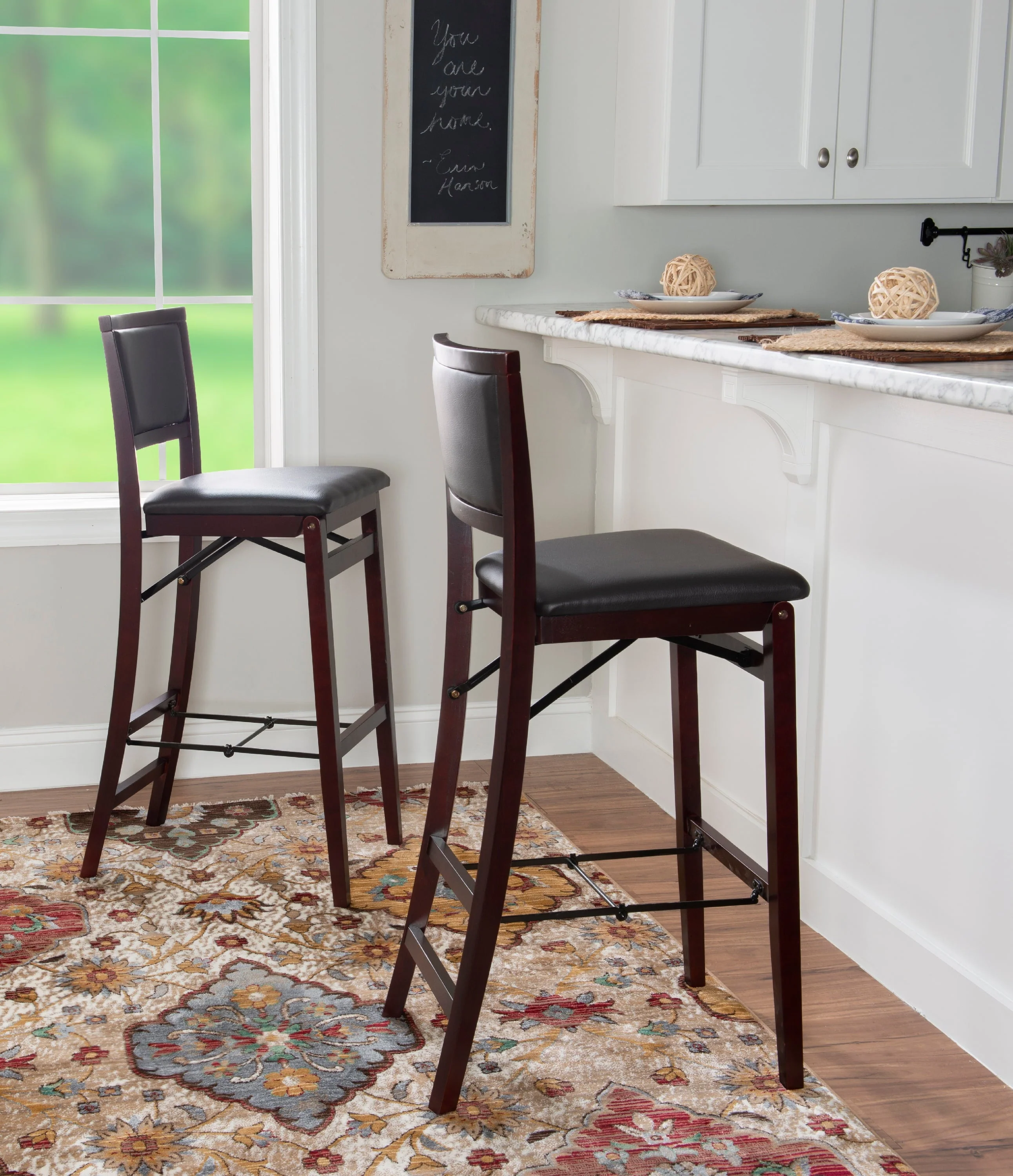 Linon Kristle Folding Padded Bar Stool, 30" Seat Height, Espresso Finish with Dark Brown PVC Fabric - Image 2