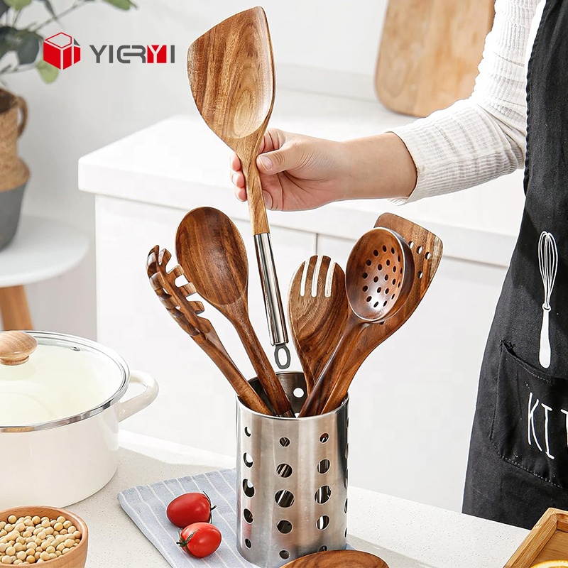 8 Piece Wood Cooking Kitchen Camping Utensil Set With Stainless Steel Holder