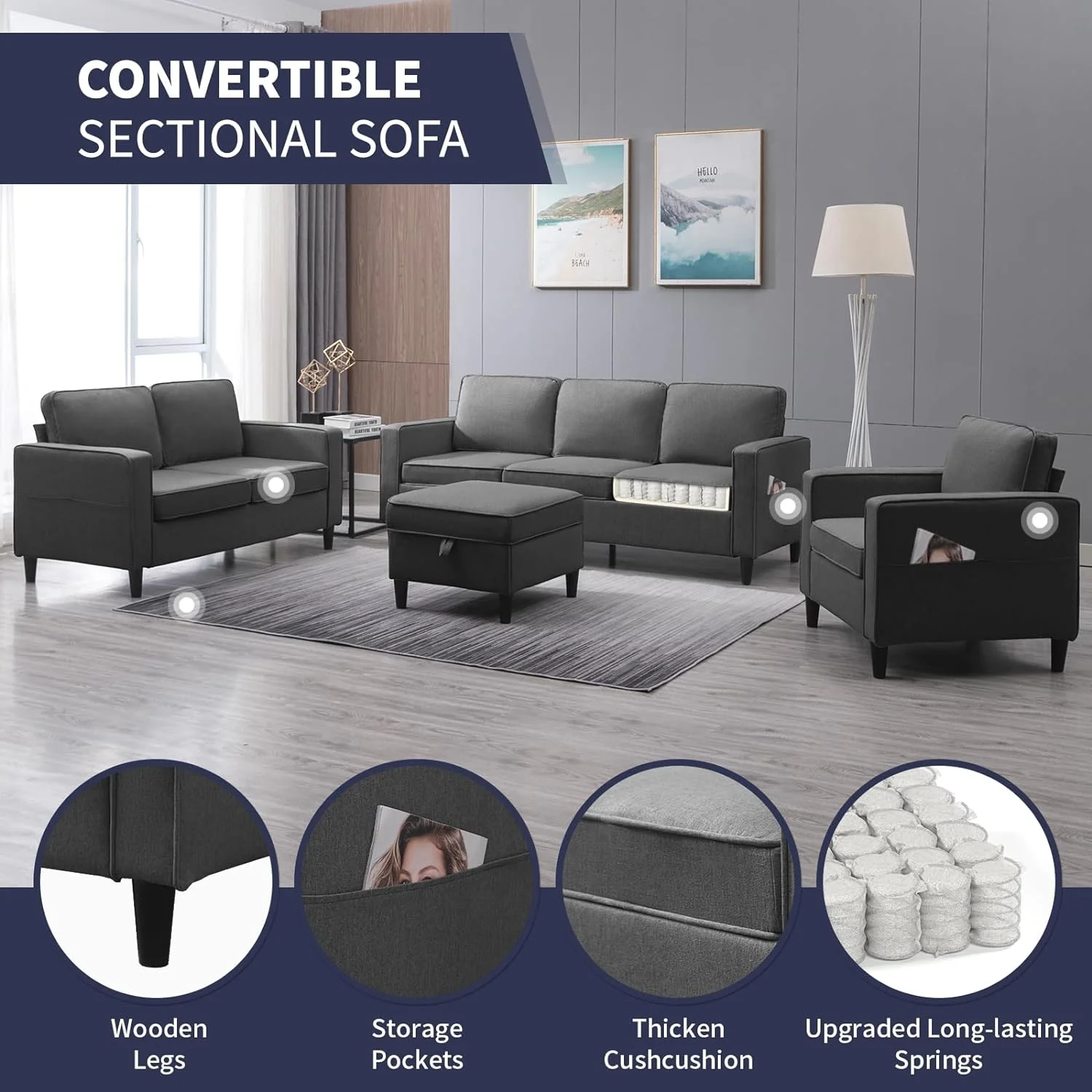 ijuicy Sectional Sofa Set,3PCS Living Room Furniture Couch Sets with Movable Storage Ottoman & Side Pockets,Include Sofa,Loveseat&Chair,Dark Gray - Image 8