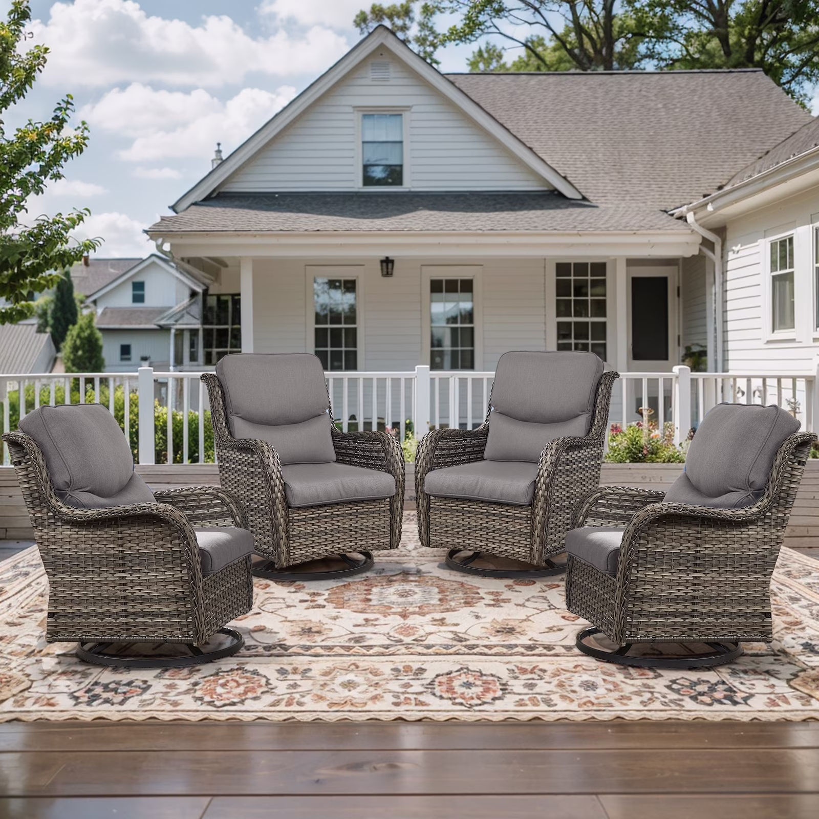 POCASSY Patio Swivel Chairs, Outdoor Wicker Swivel Glider Rocking Chairs with High Back and Thick Cushions for Porch Deck - Set of 2, Beige - Image 3