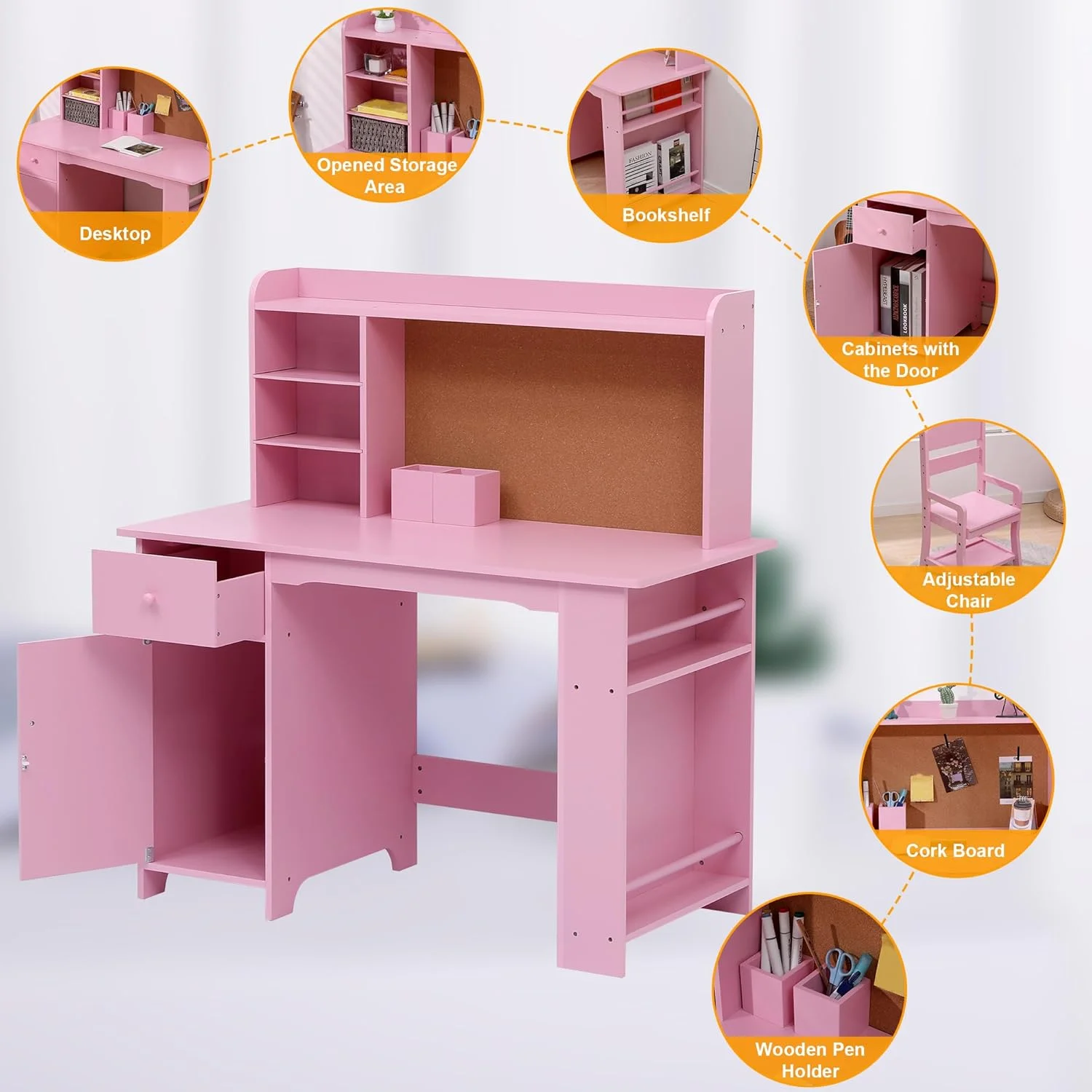 Kids Desk and Chair Set,  Study Table with Storage Shelf, Bulletin Board, Children School Learning Desk Set, Writing Table for Boys and Girls, Pink